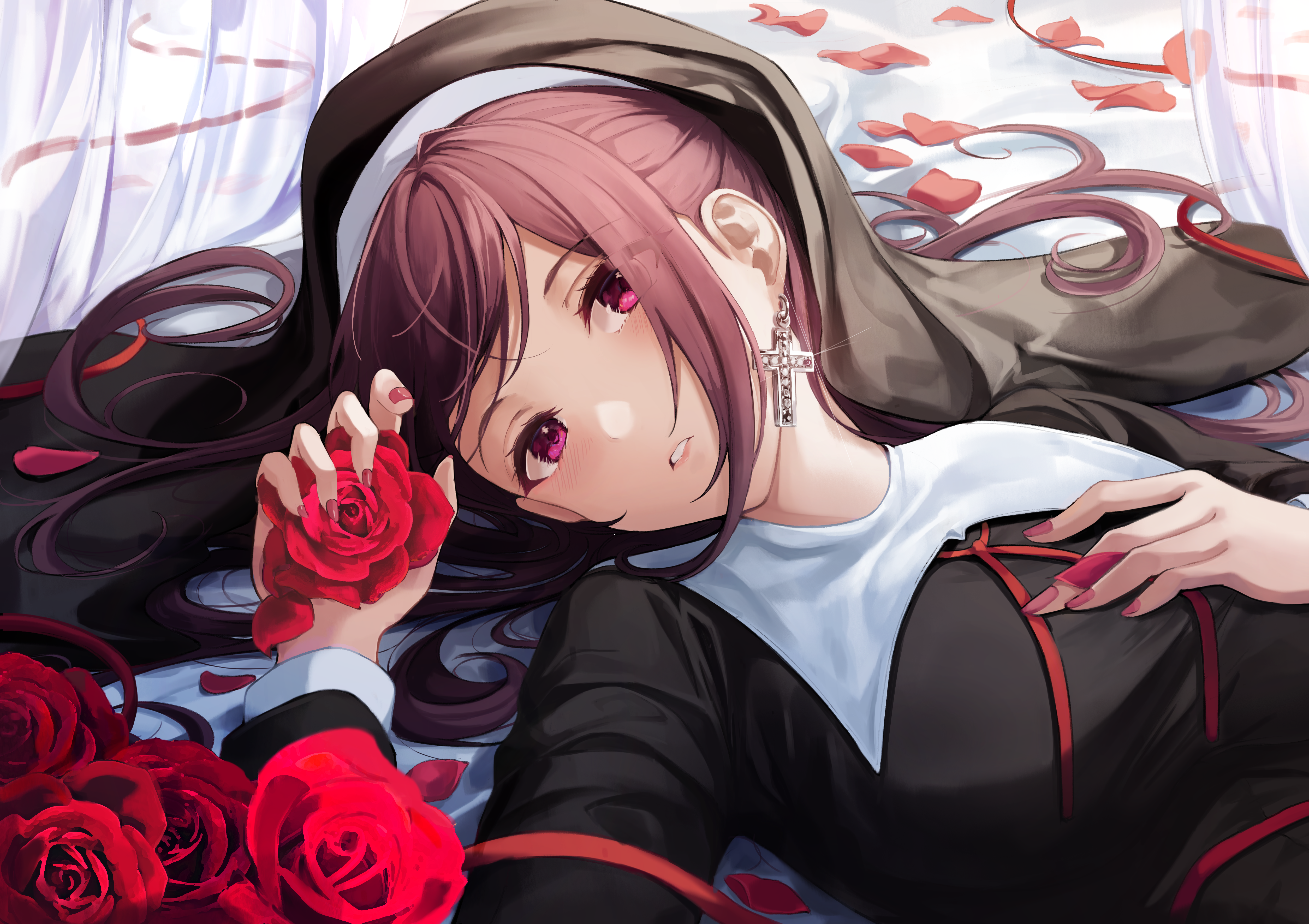 Anime girl in nun outfit with roses HD Wallpaper
