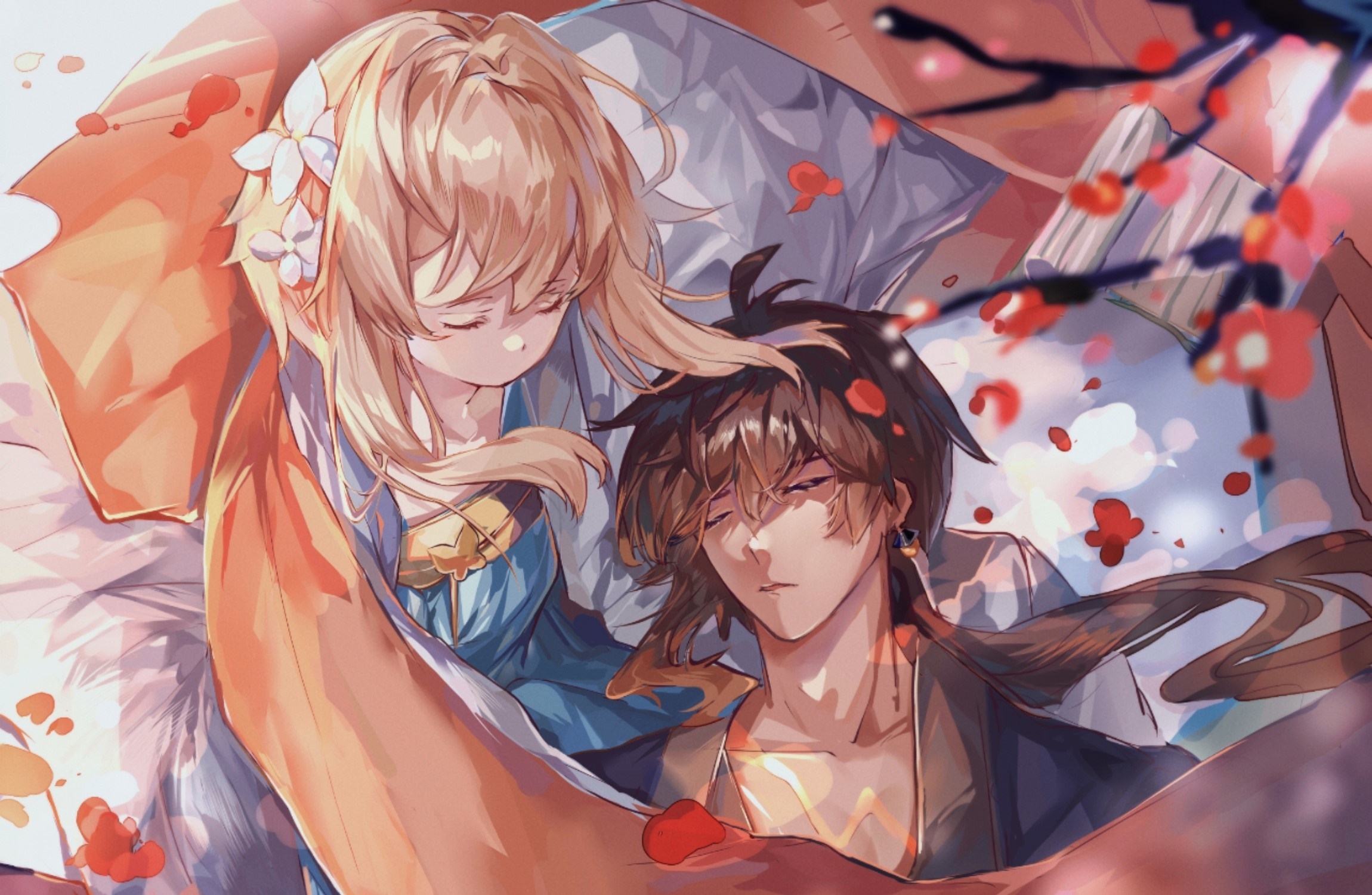 Lumine and Zhongli from Genshin Impact sleeping HD Wallpaper