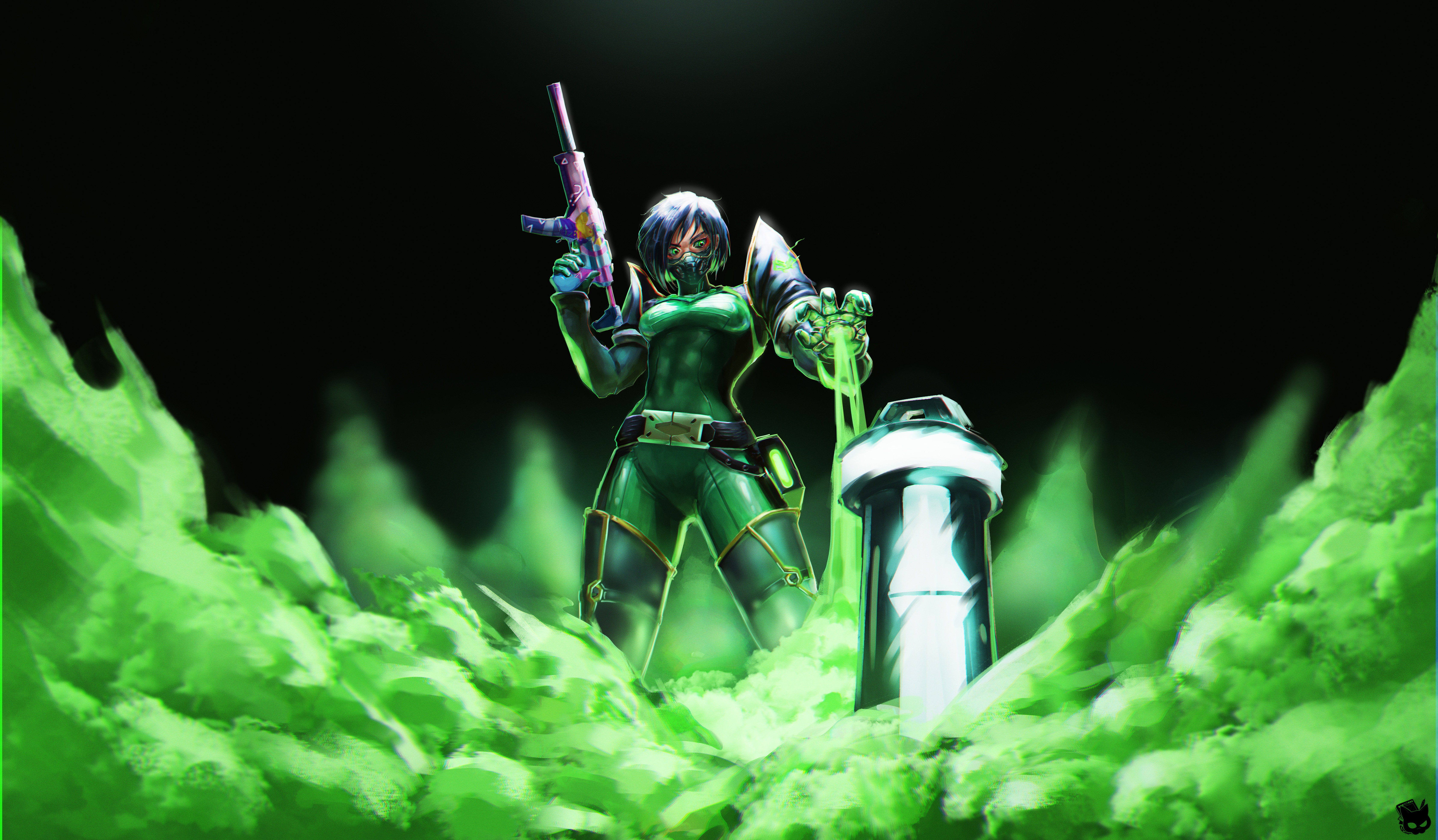 Viper from Valorant in green suit with gun HD Wallpaper