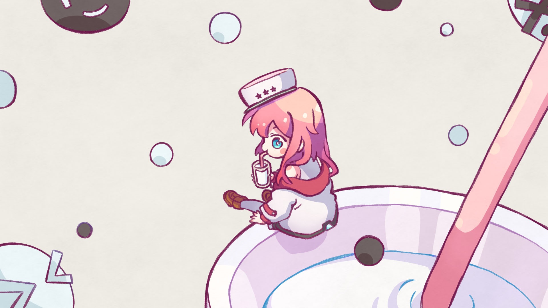 Girl with pink hair drinking from a cup in Sixtar Gate: STARTRAIL HD Wallpaper