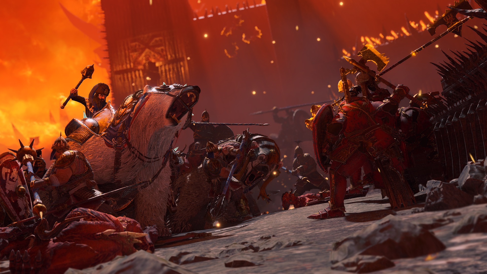 Warriors on polar bears fighting in a fiery battlefield HD Wallpaper