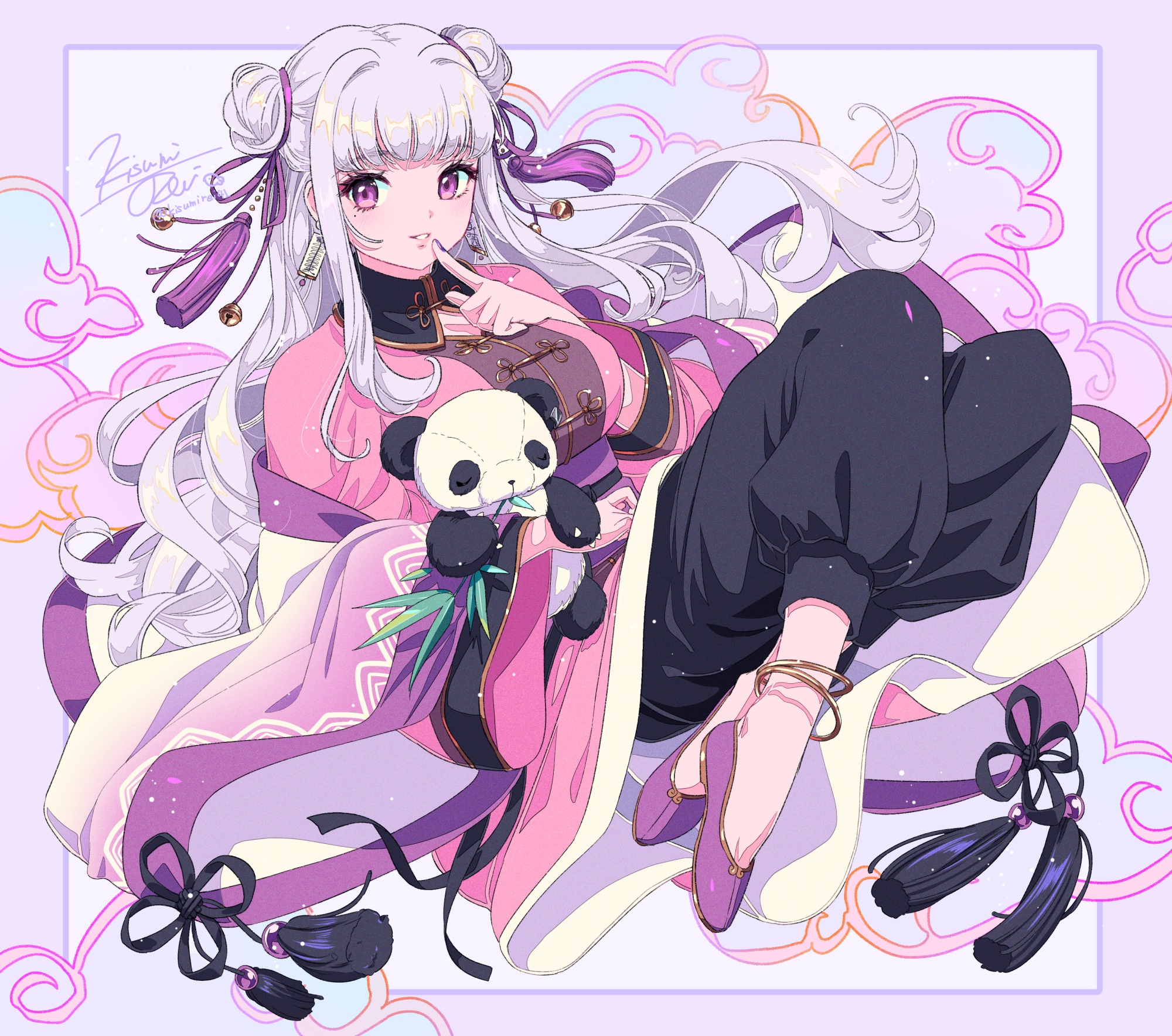 Girl with panda plushie and bamboo HD Wallpaper