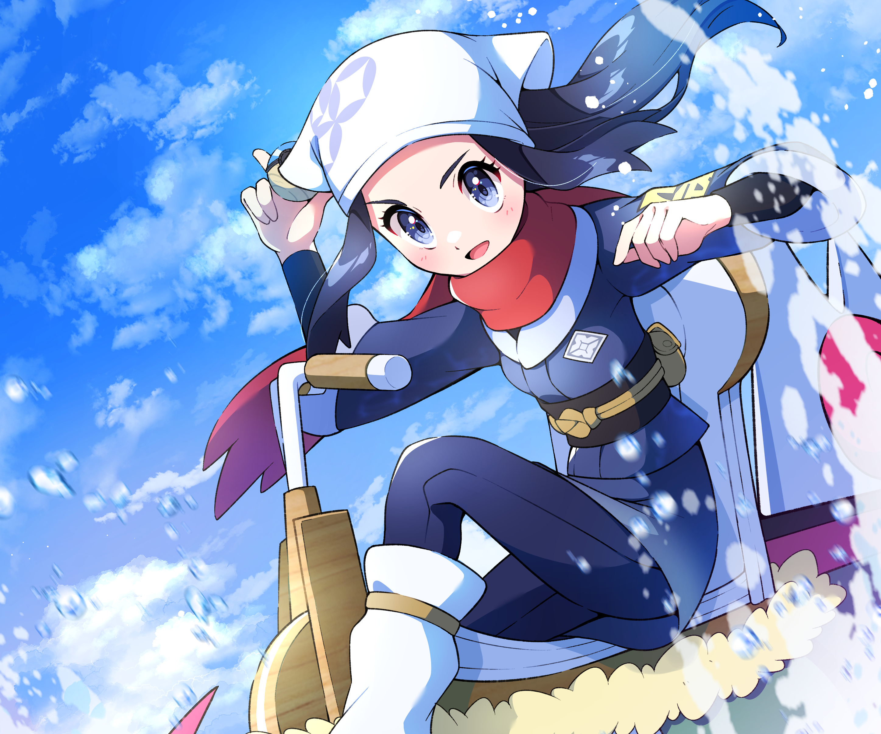 Akari from Pokémon Legends: Arceus riding a sled HD Wallpaper