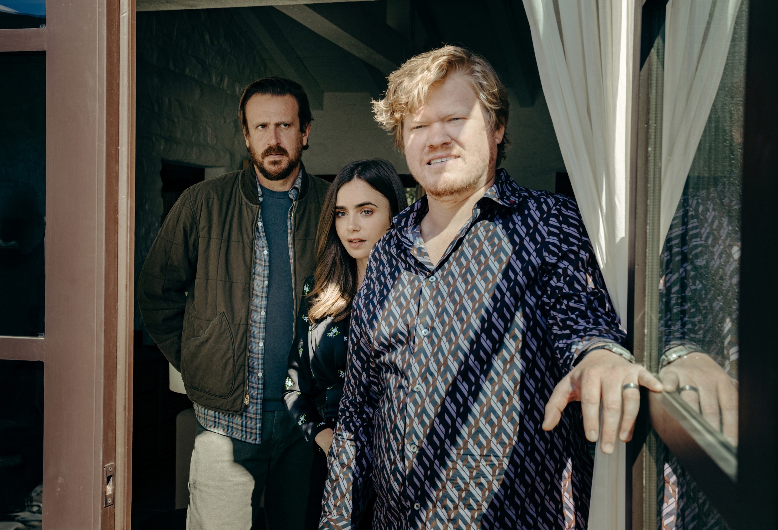 Lily Collins, Jason Segel, and Jesse Plemons in Windfall HD Wallpaper