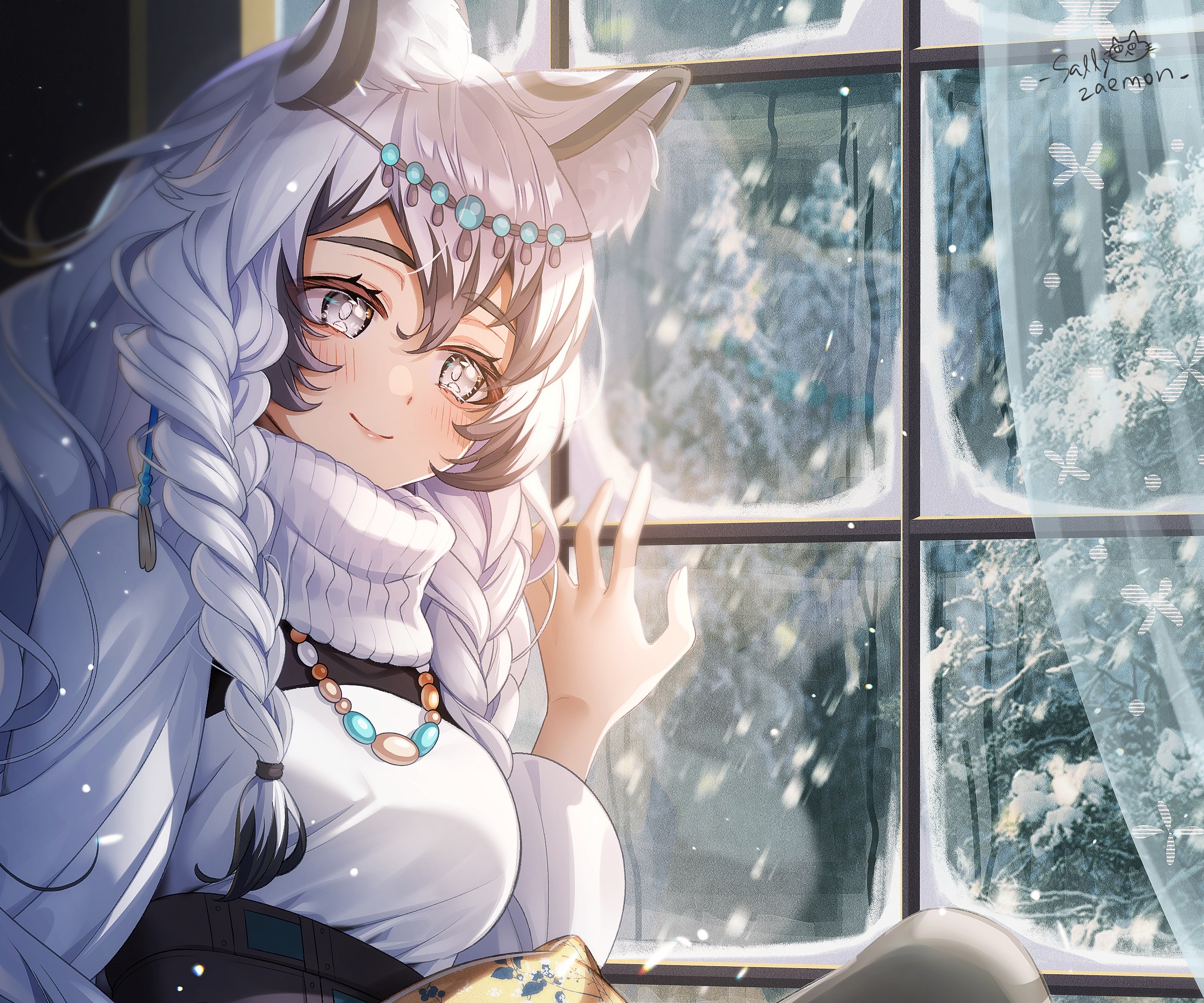 Pramanix from Arknights looking out a snowy window HD Wallpaper