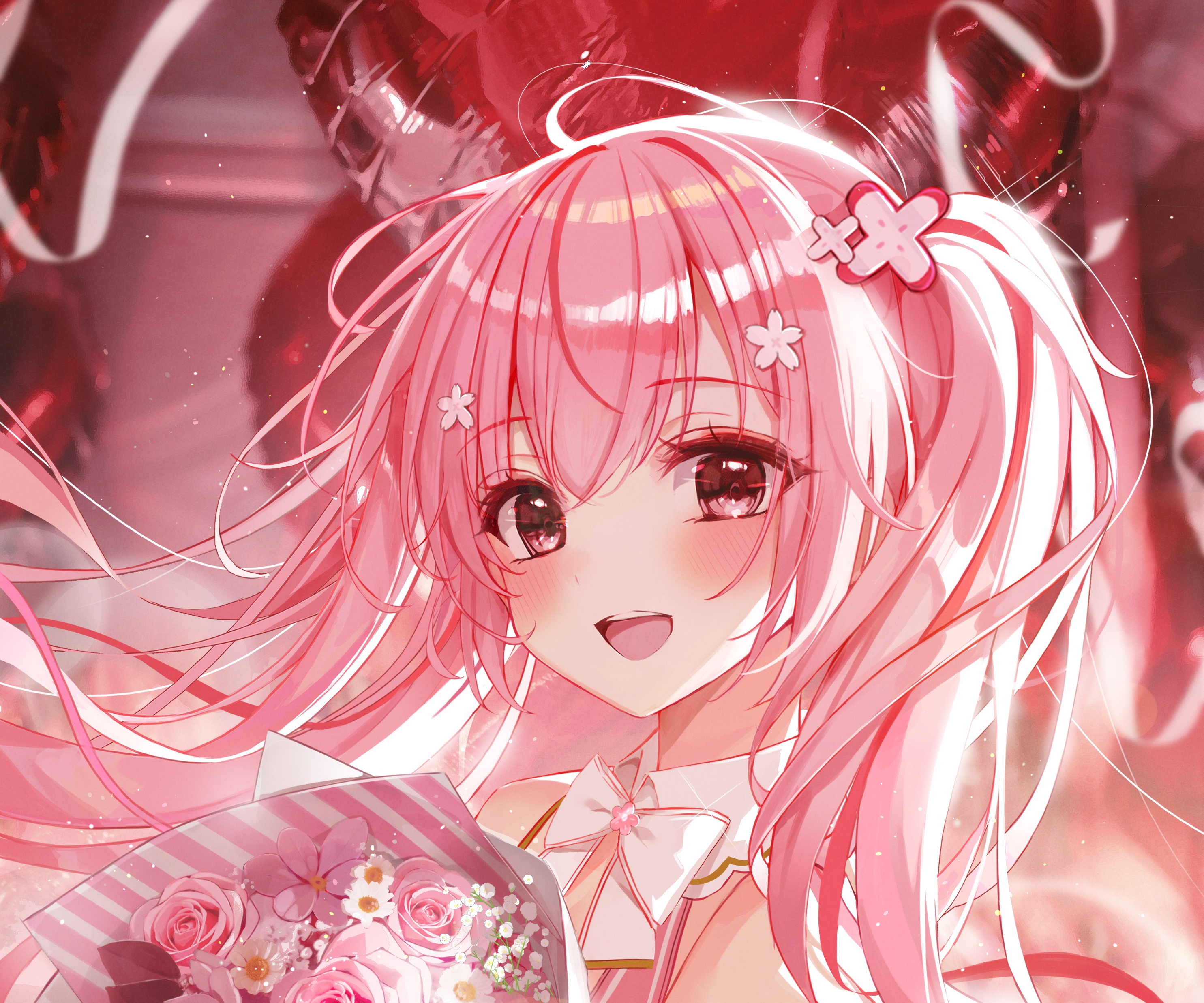 Girl with Pink Hair Holding Flowers HD Wallpaper