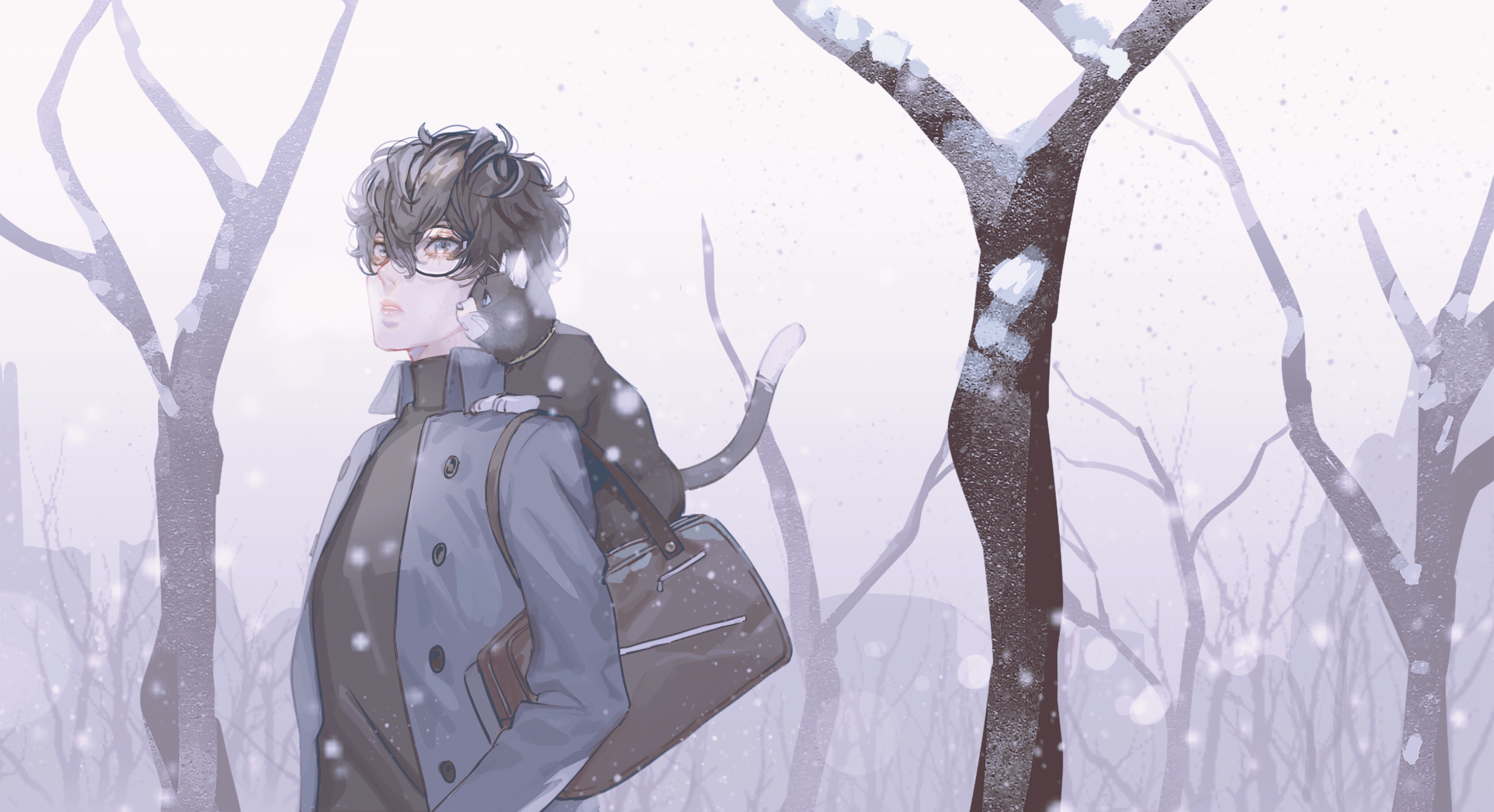Akira Kurusu and Morgana from Persona in Snow HD Wallpaper