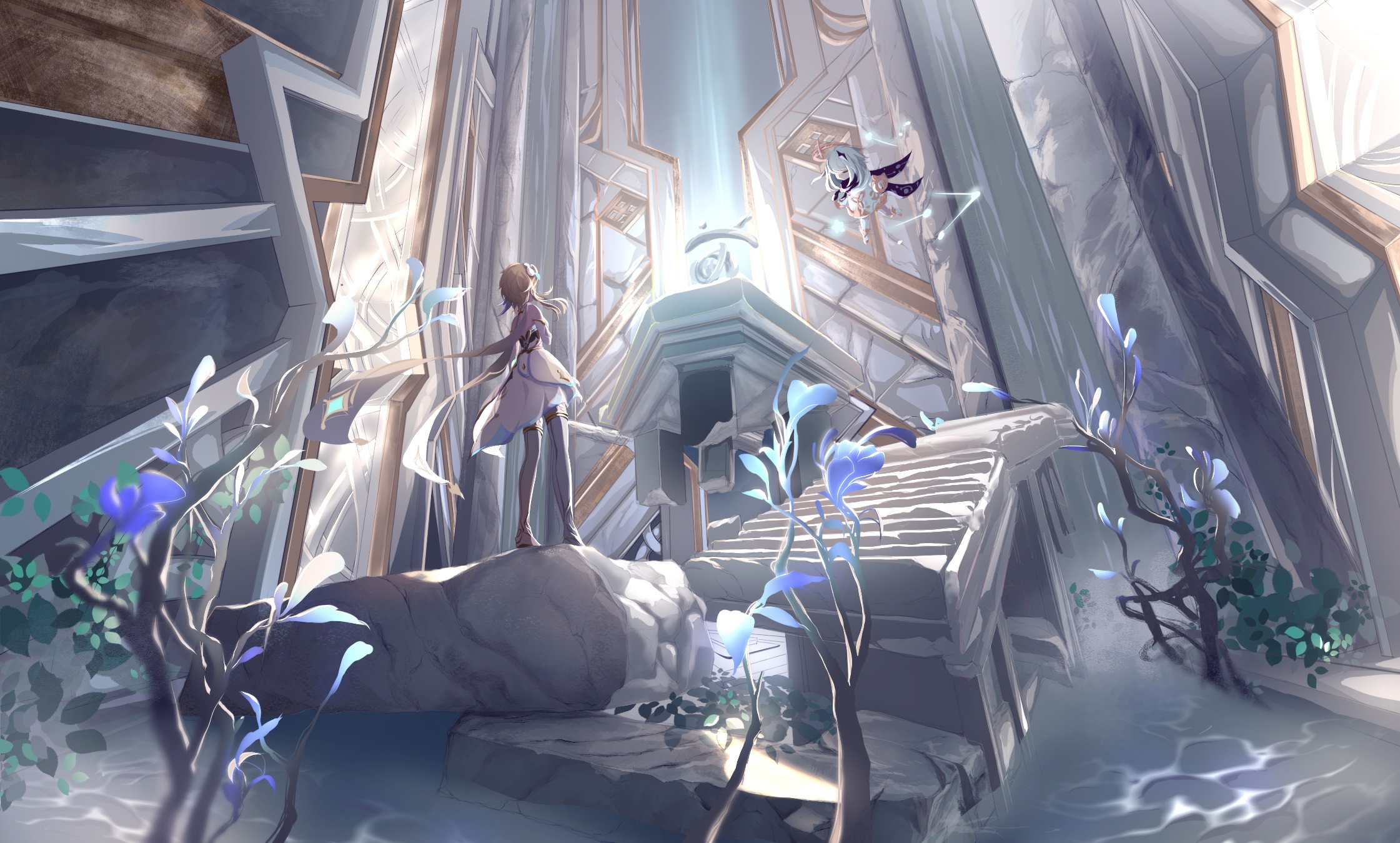 Lumine and Paimon from Genshin Impact in a grand hall HD Wallpaper
