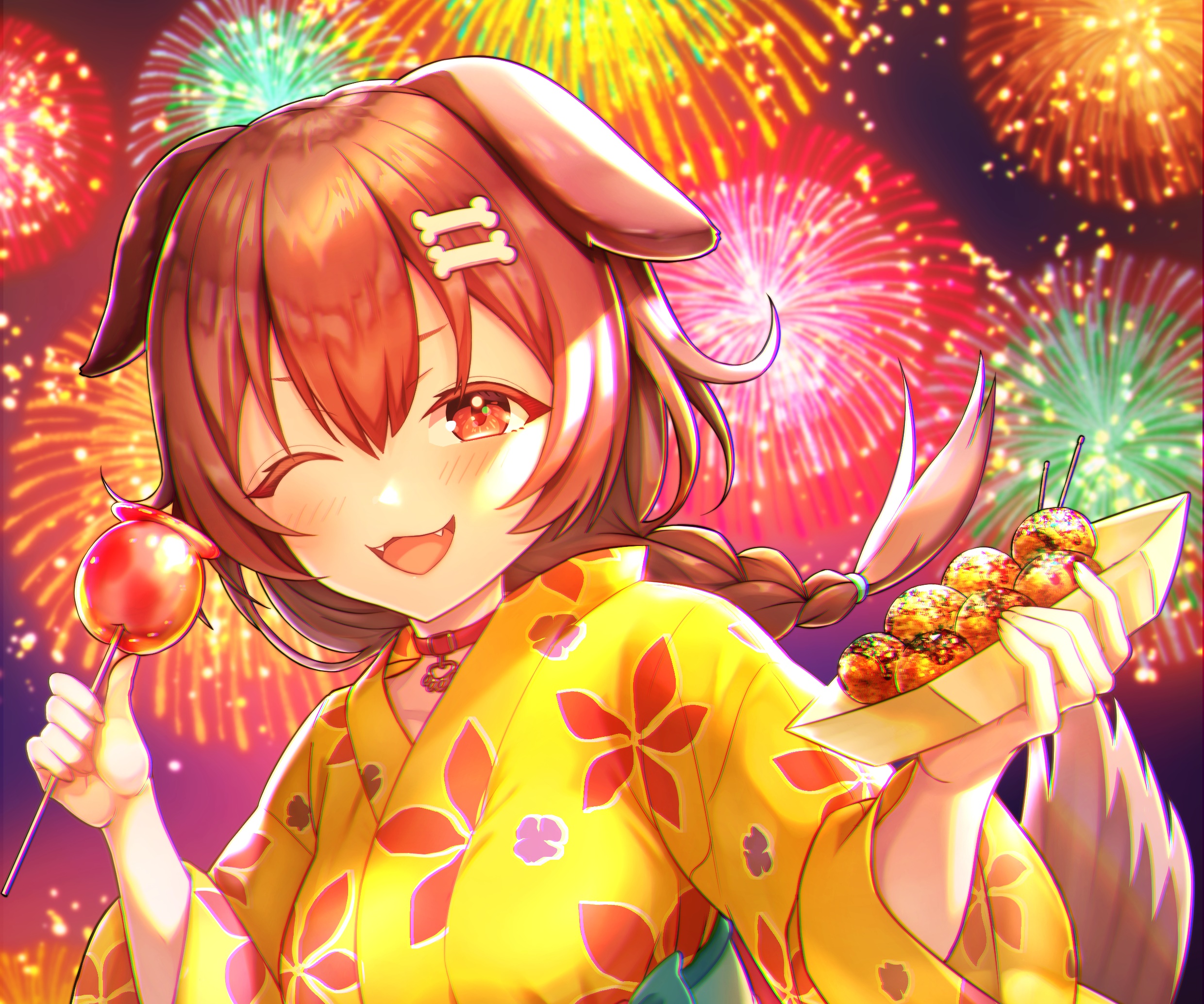 Inugami Korone from Hololive eating festival food HD Wallpaper