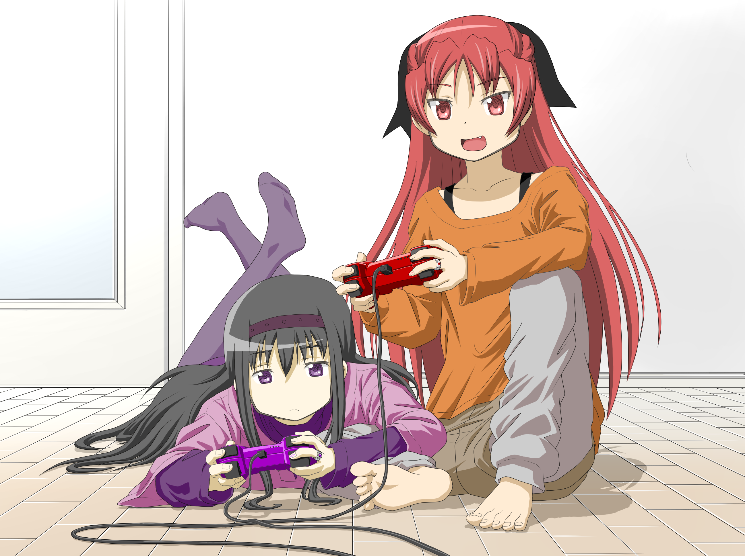 Homura Akemi and Kyoko Sakura from Puella Magi Madoka Magica playing video games HD Wallpaper