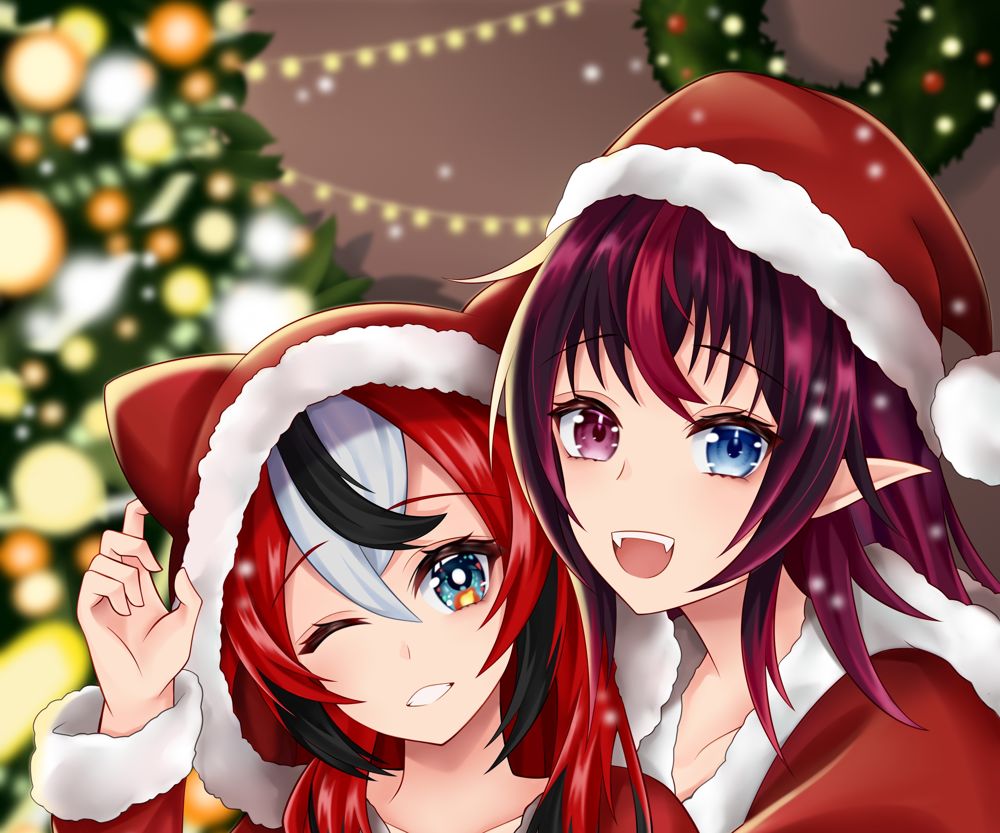 Hakos Baelz and IRyS from Hololive wearing Santa hats HD Wallpaper