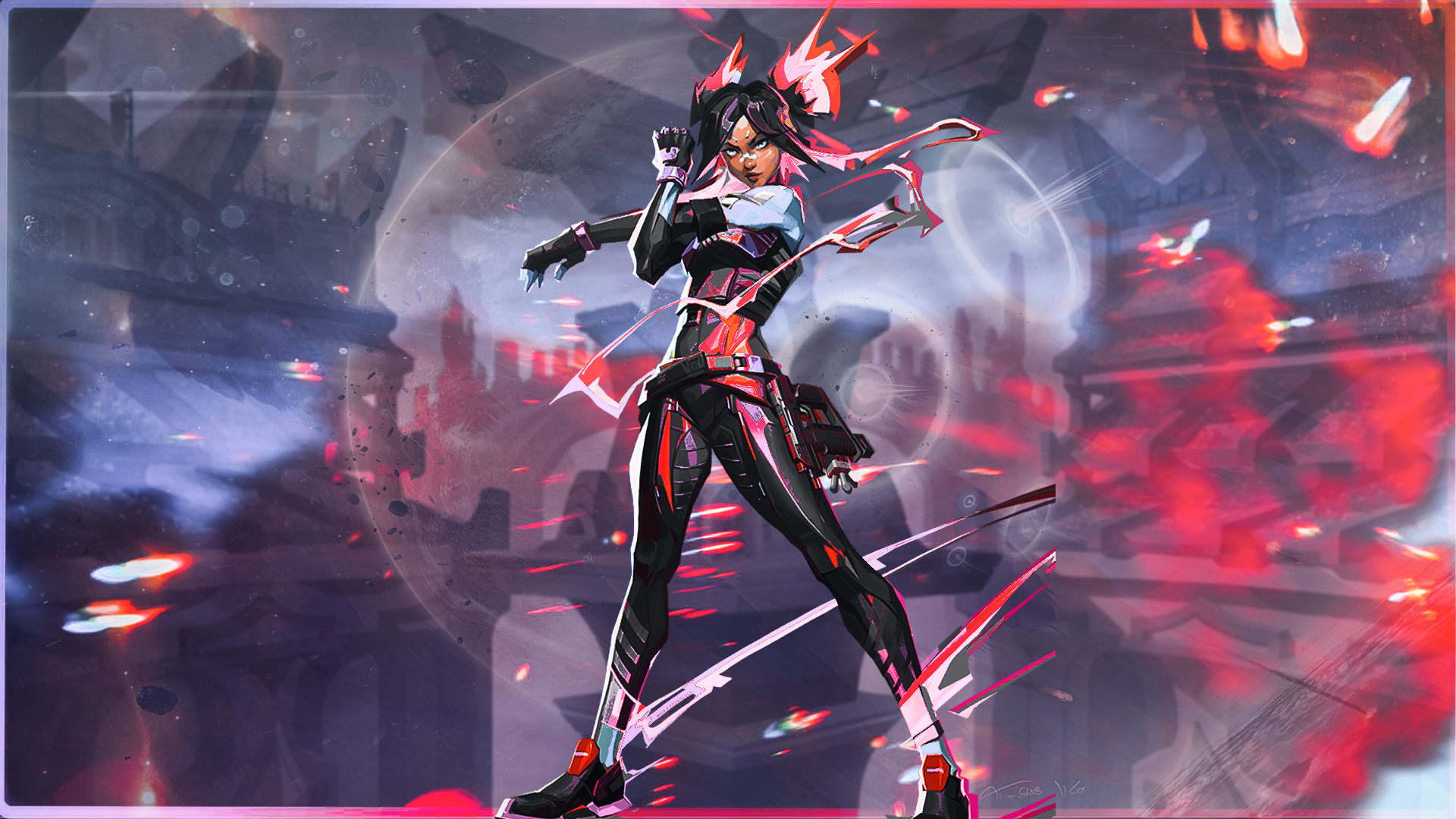 Neon from Valorant in a futuristic city HD Wallpaper