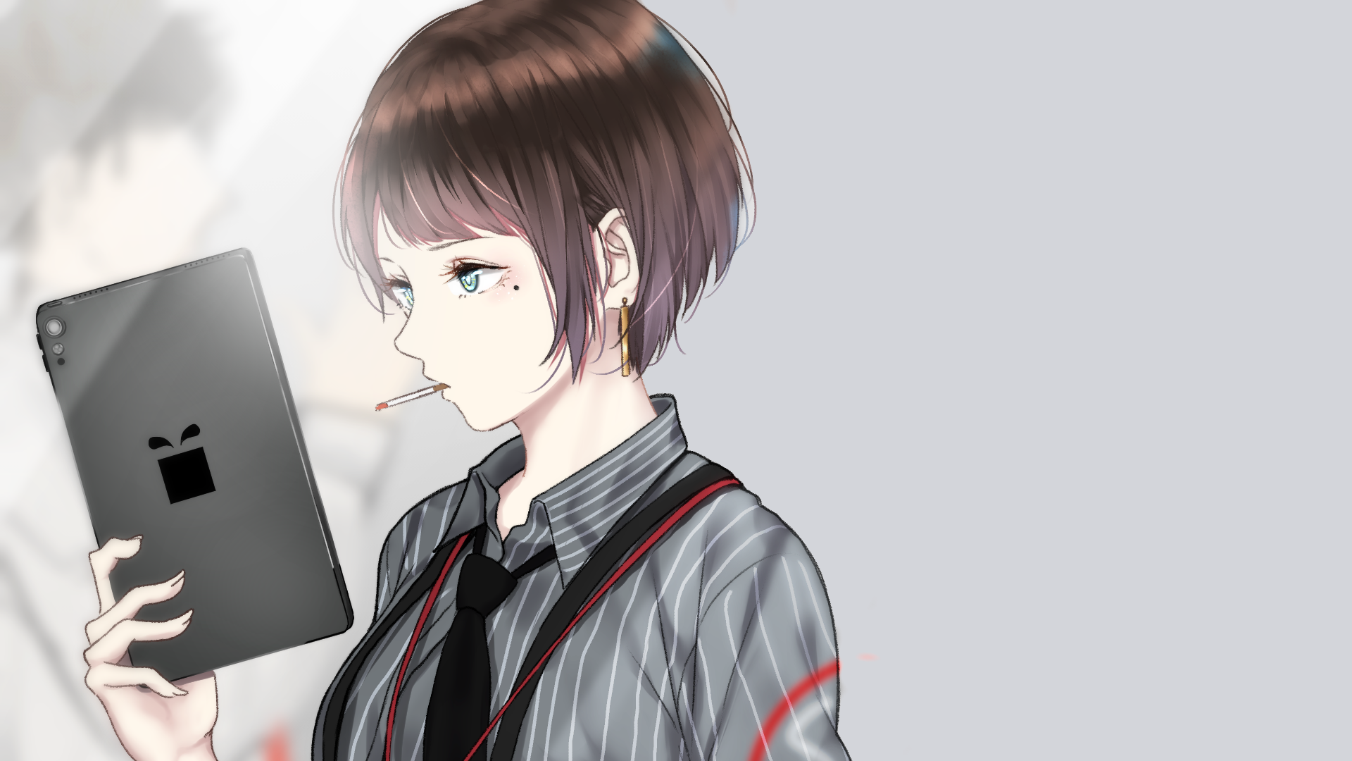 Girl holding a tablet with a cigarette HD Wallpaper