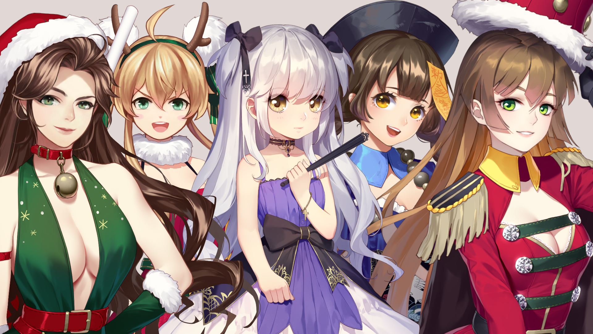 Five anime girls in festive outfits HD Wallpaper