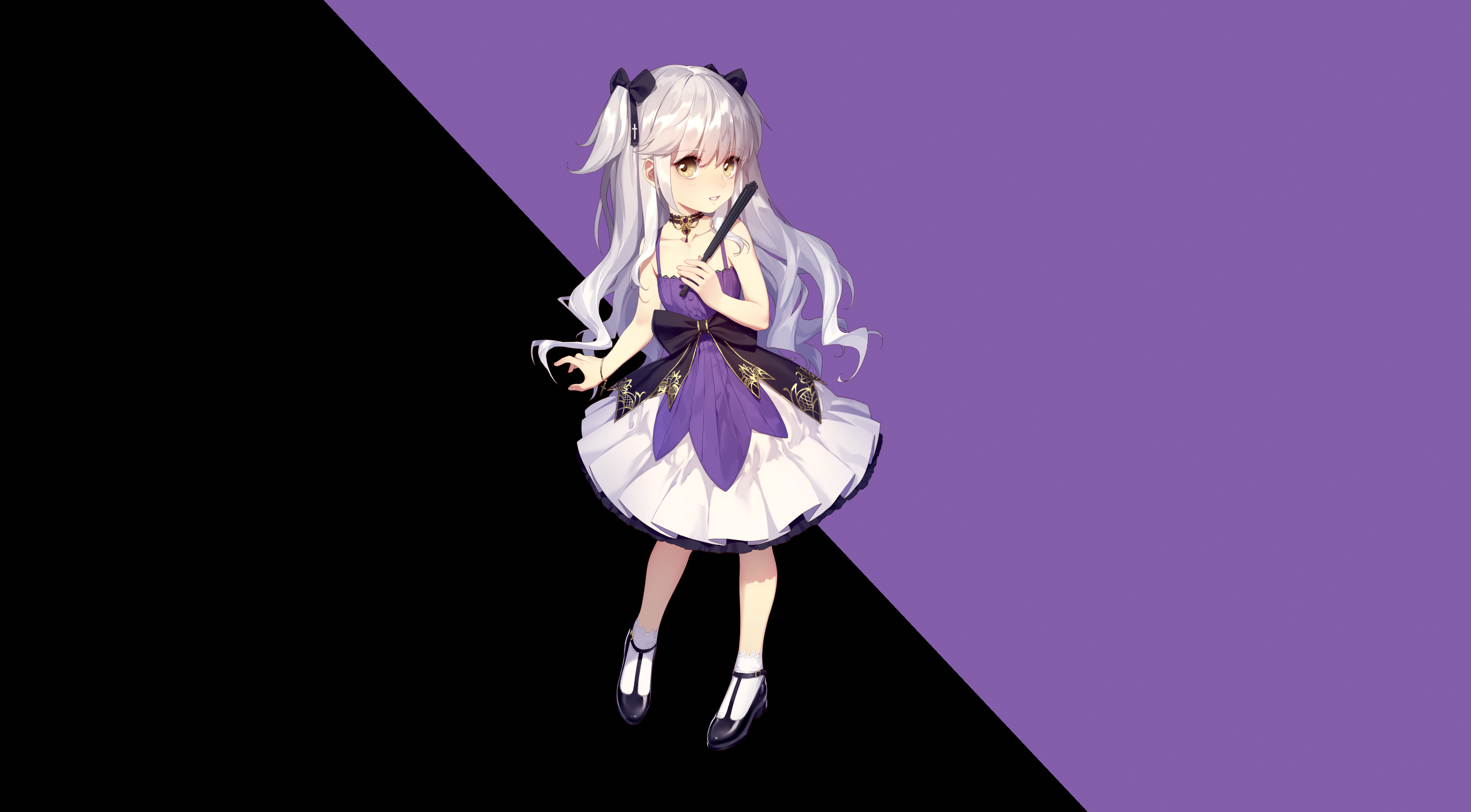 Anime girl with white hair and purple dress 4K HD Wallpaper