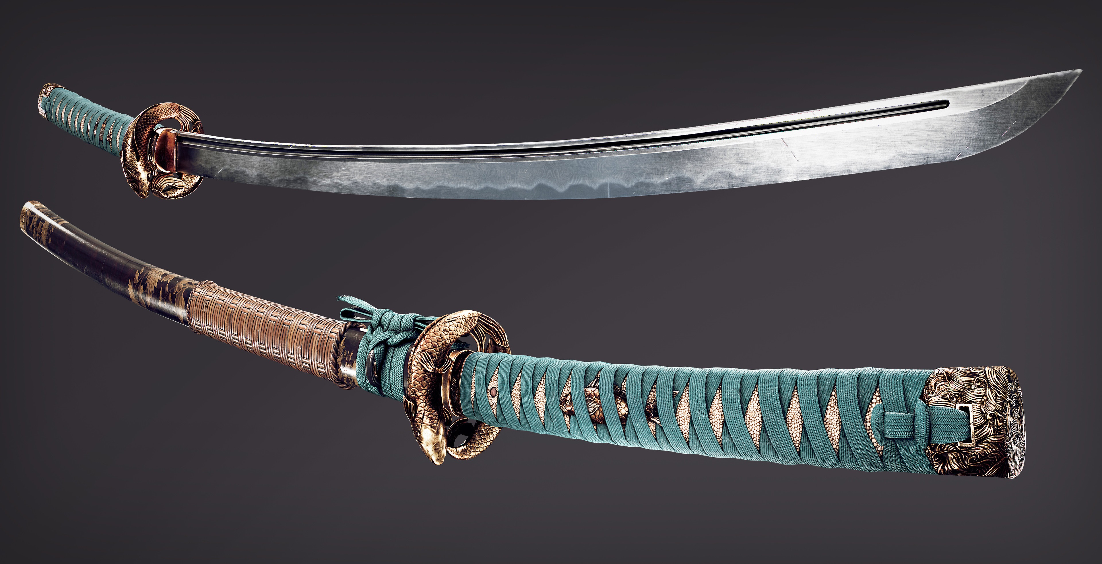 Katana sword with ornate hilt and scabbard HD Wallpaper