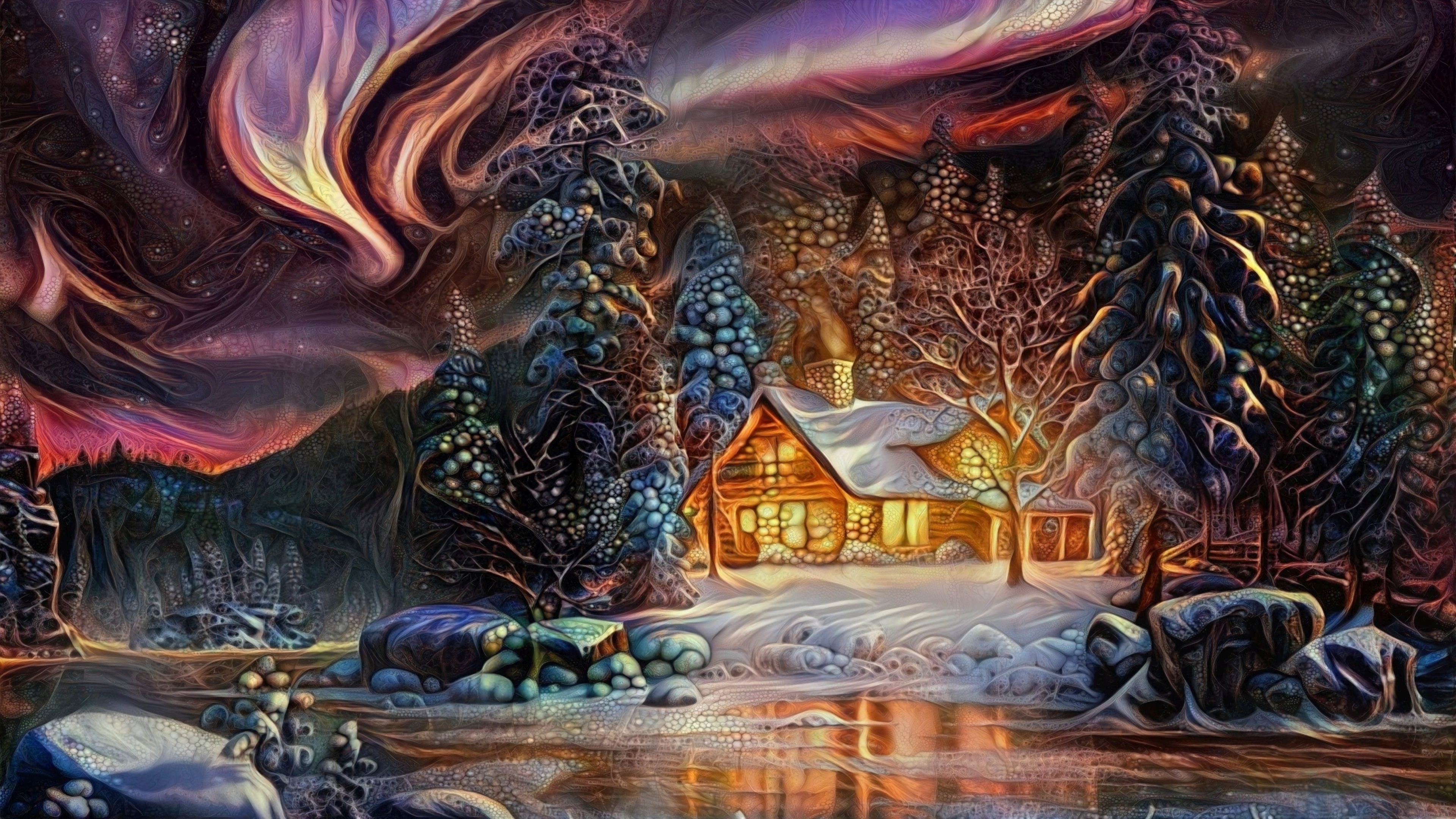 Cozy cabin in a snowy forest under the aurora borealis HD Wallpaper