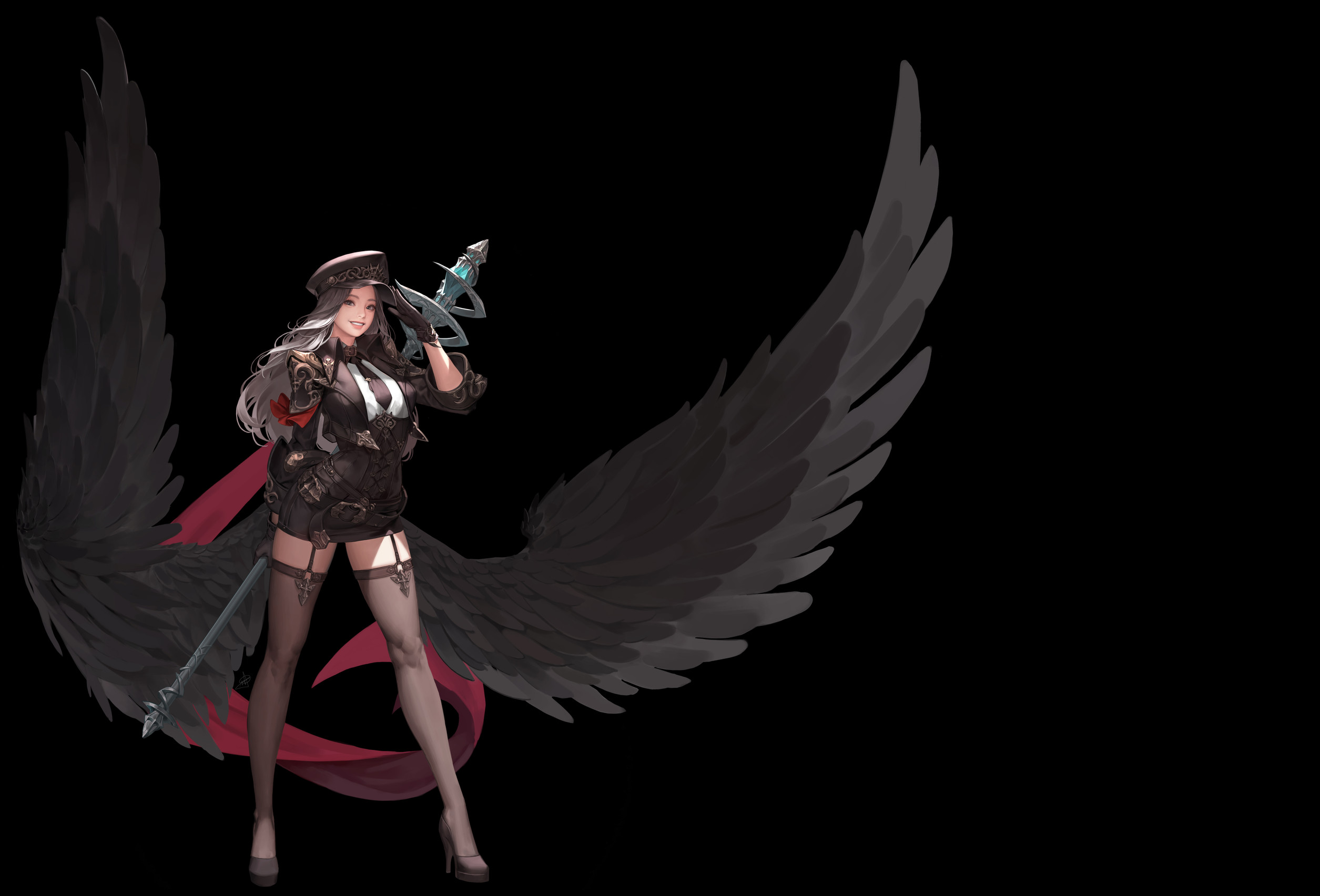 Woman with black wings and a staff HD Wallpaper