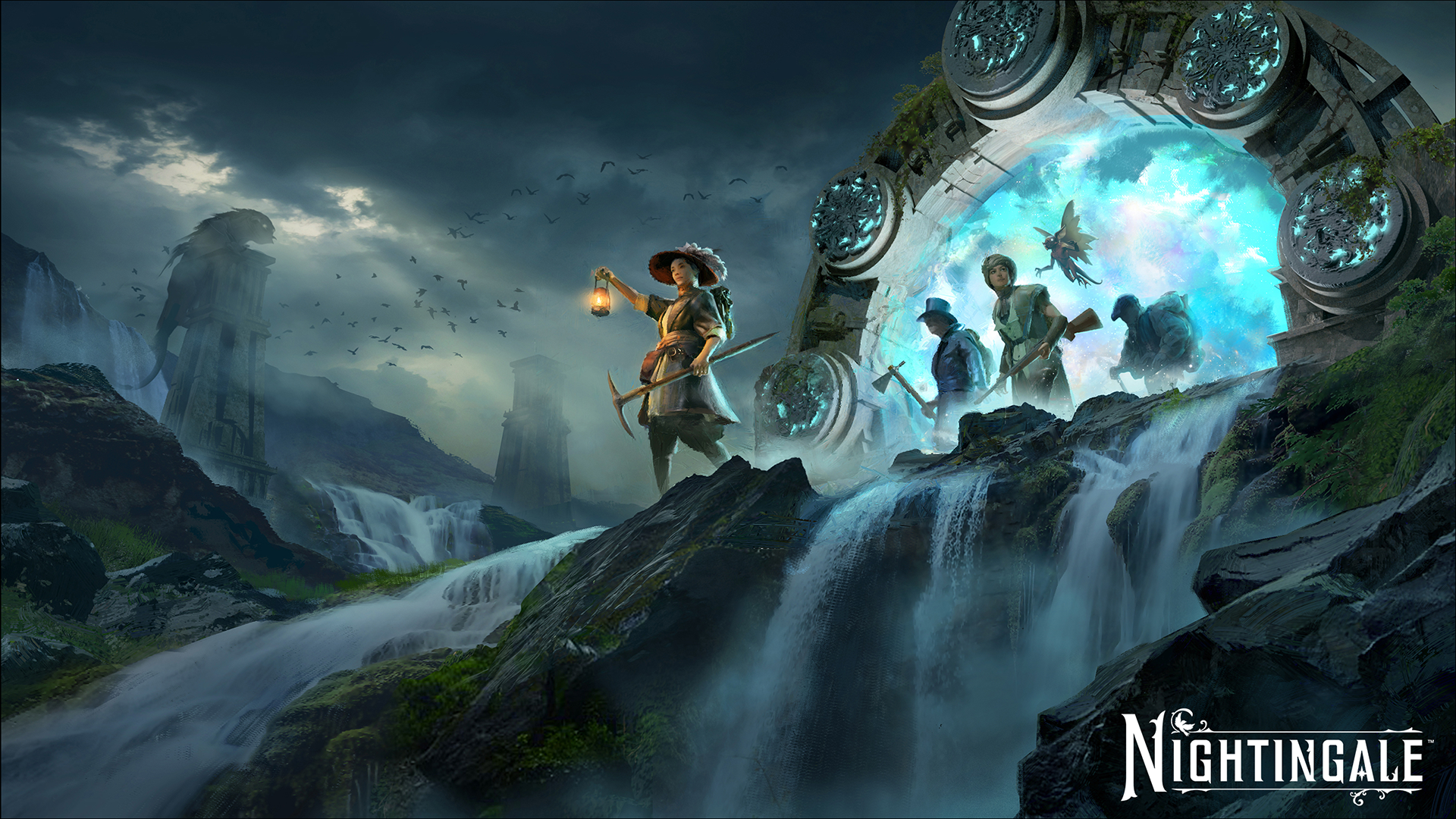 Nightingale game art with portal and explorers HD Wallpaper