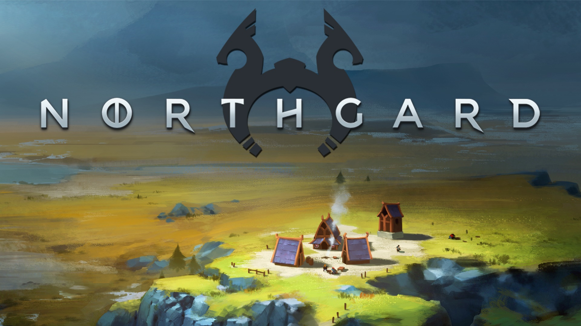Northgard game logo over a Viking village landscape HD Wallpaper