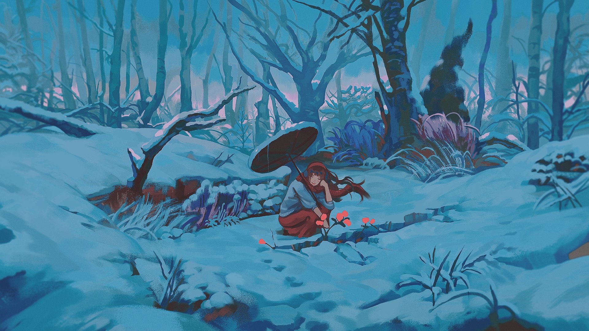 Girl with umbrella in snowy forest with flowers HD Wallpaper