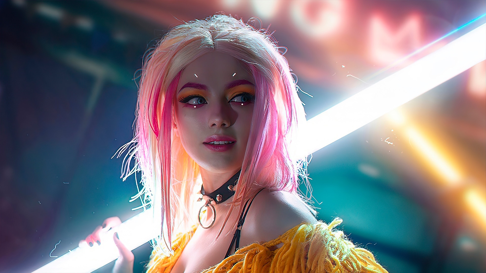 Woman with pink and blonde hair holding a neon light HD Wallpaper