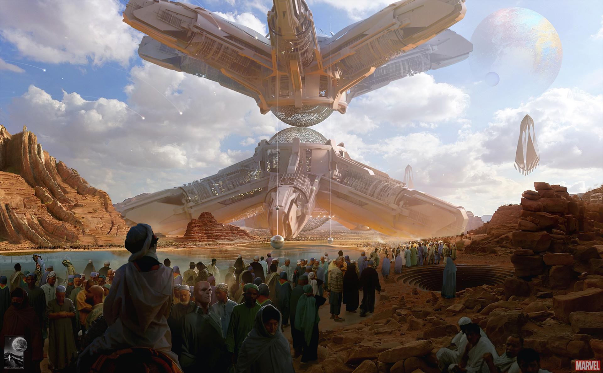 Alien ship over desert landscape with crowd HD Wallpaper