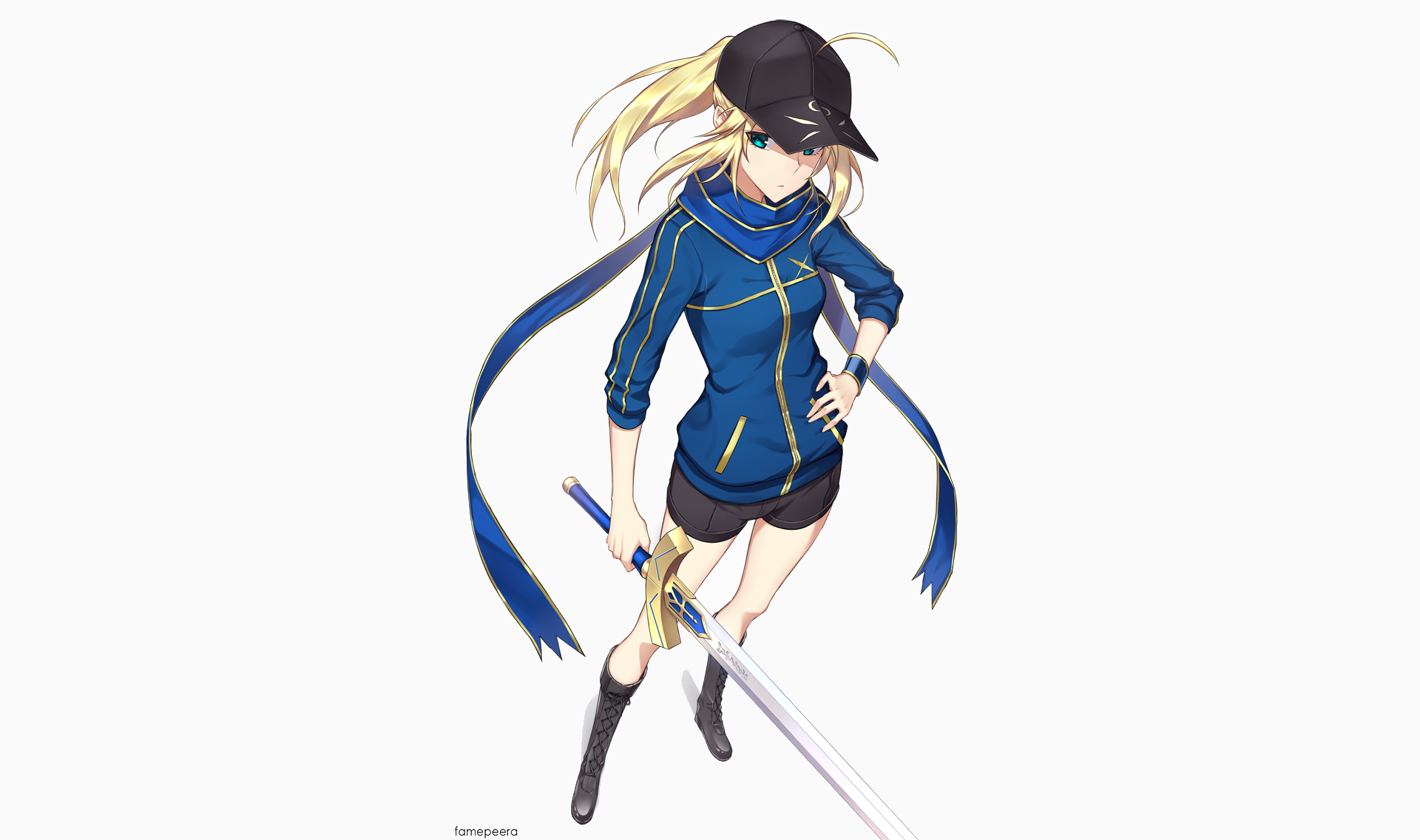 Saber from Fate/Grand Order wearing a blue jacket and black cap HD Wallpaper