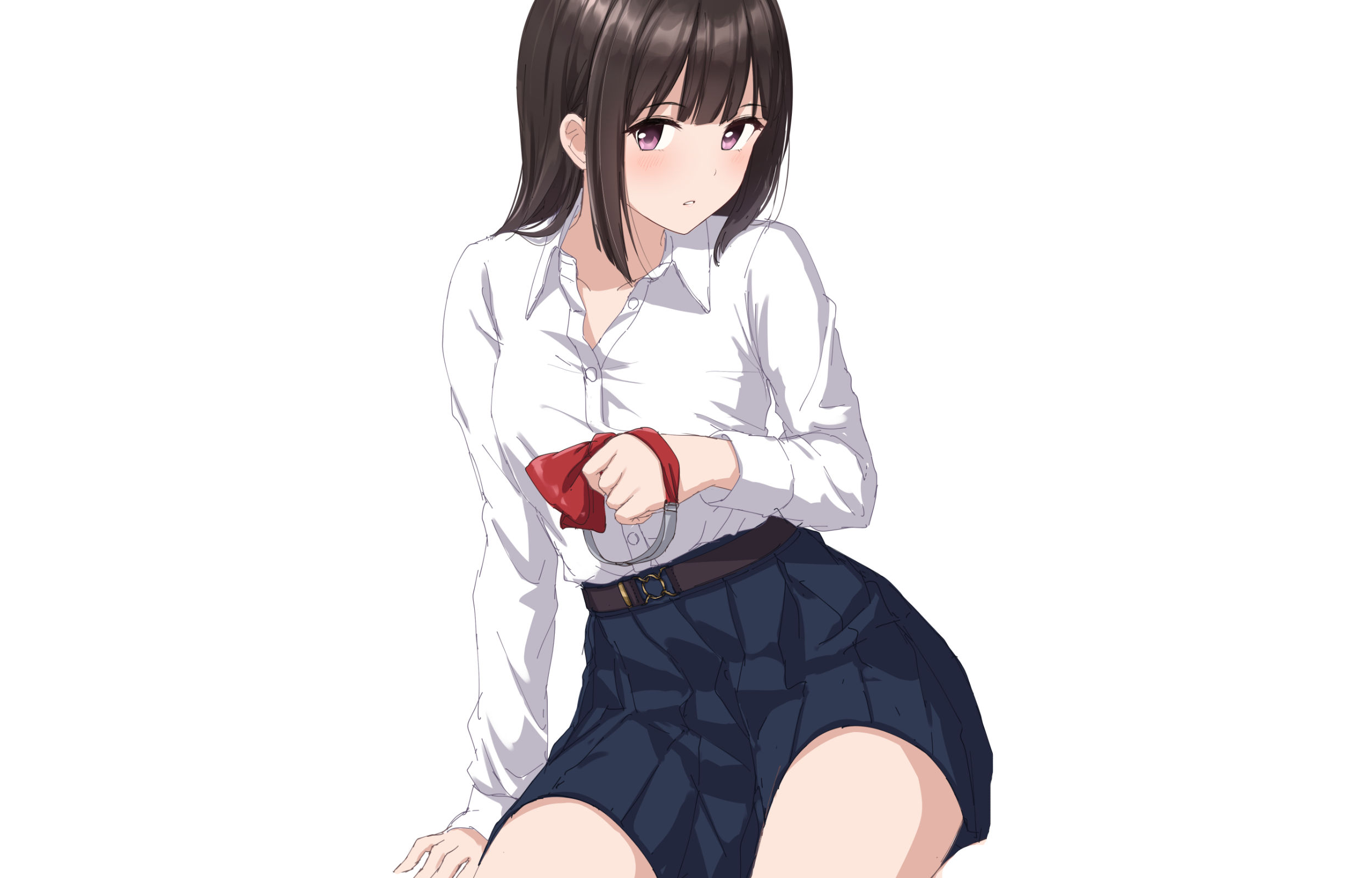 Girl in white shirt and blue skirt HD Wallpaper