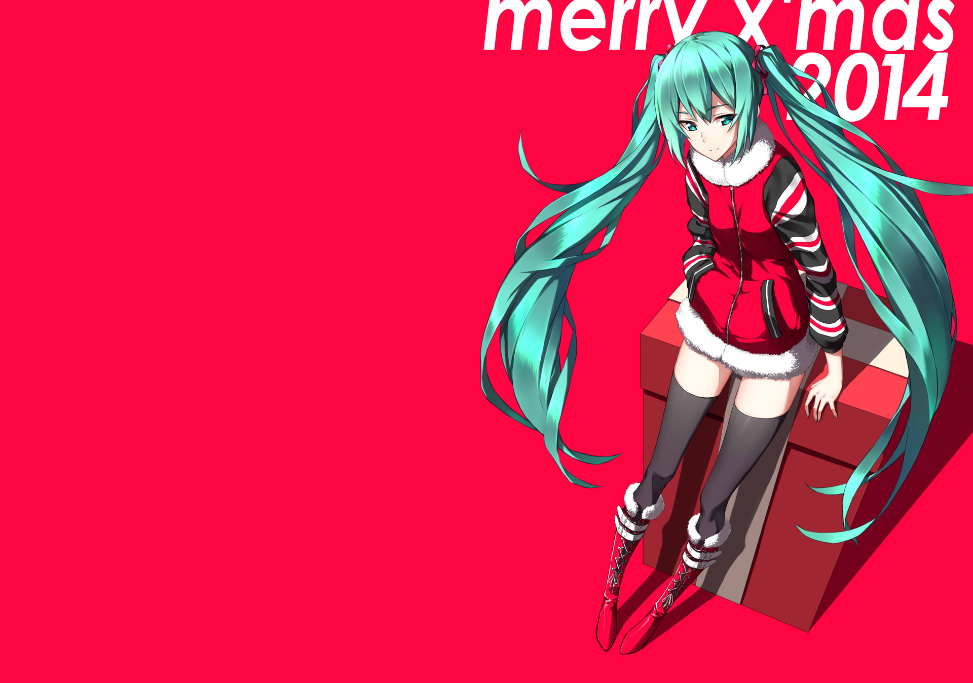 Hatsune Miku from Vocaloid sitting on a gift box HD Wallpaper