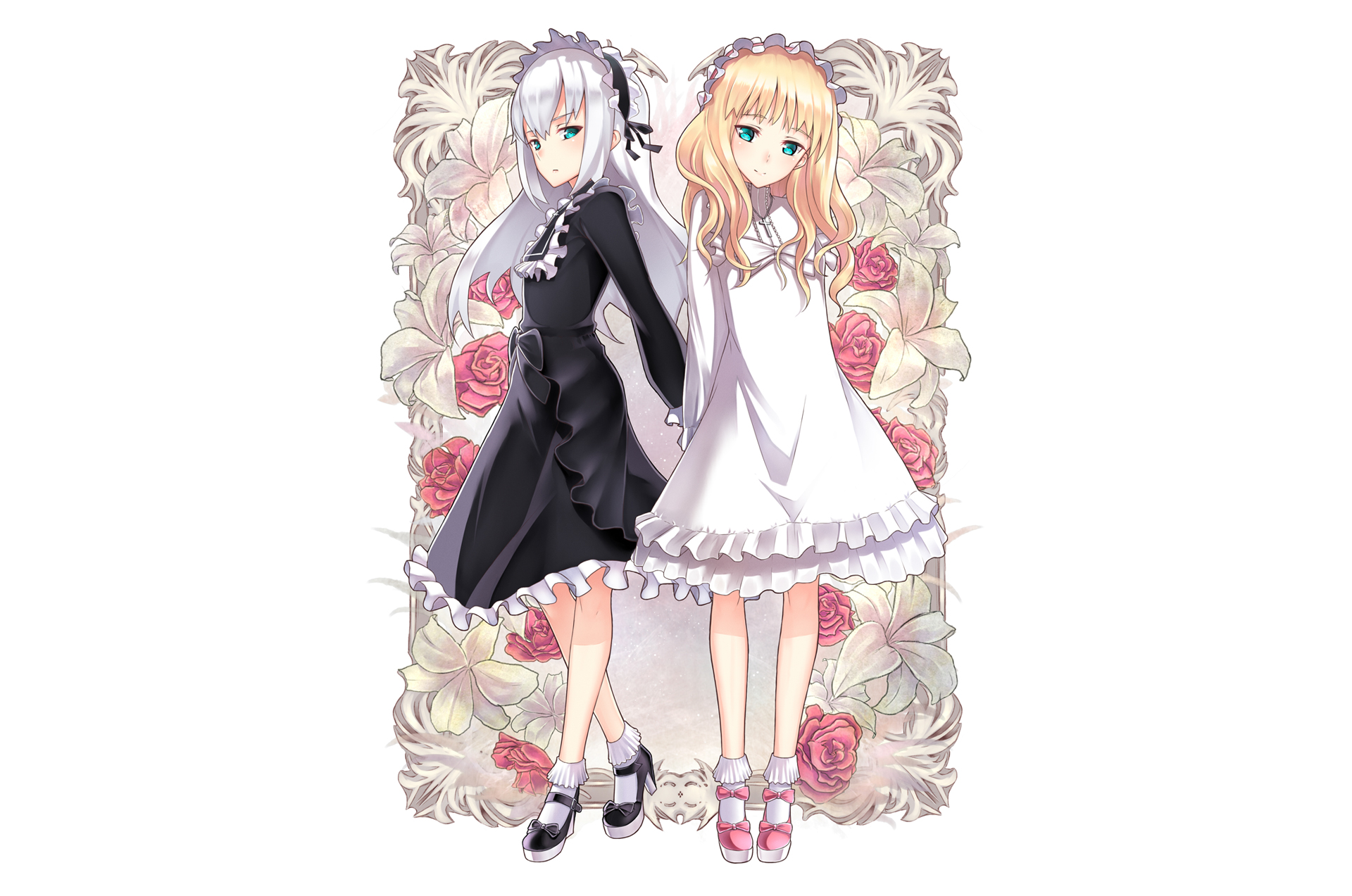 Two anime girls in maid outfits with flowers HD Wallpaper