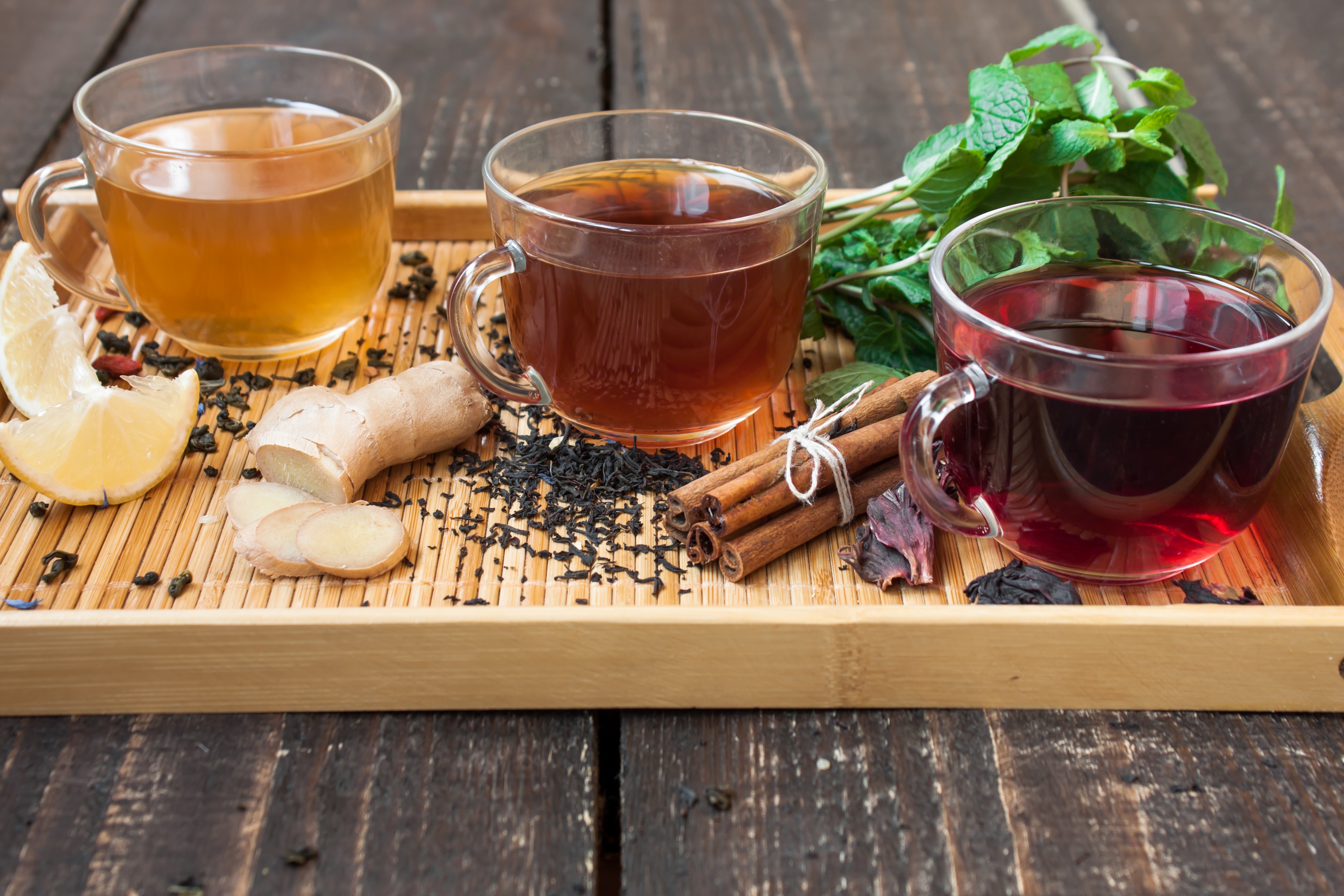 Still life of tea with ginger, lemon, cinnamon, and mint HD Wallpaper