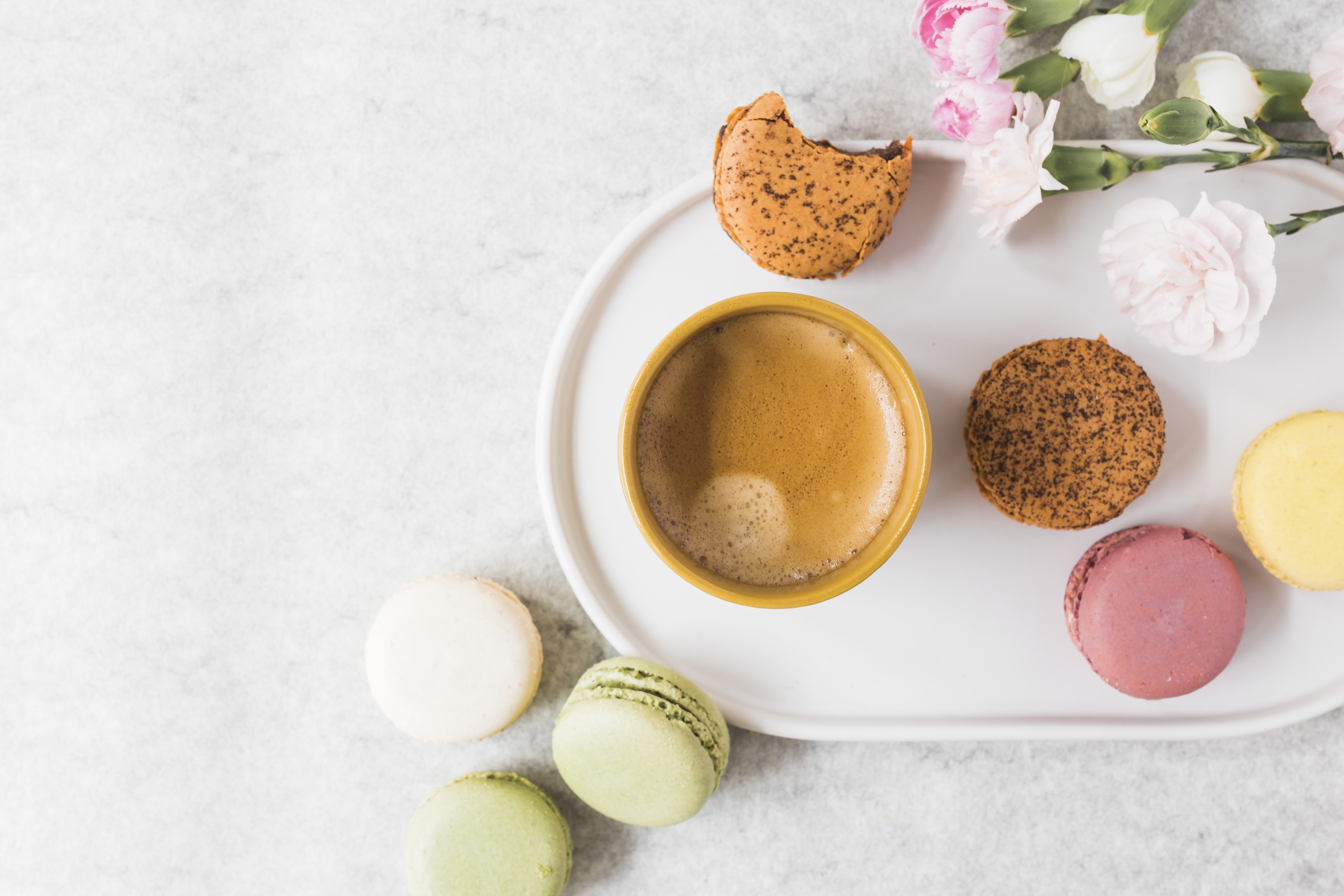Coffee and Macarons with Flowers HD Wallpaper