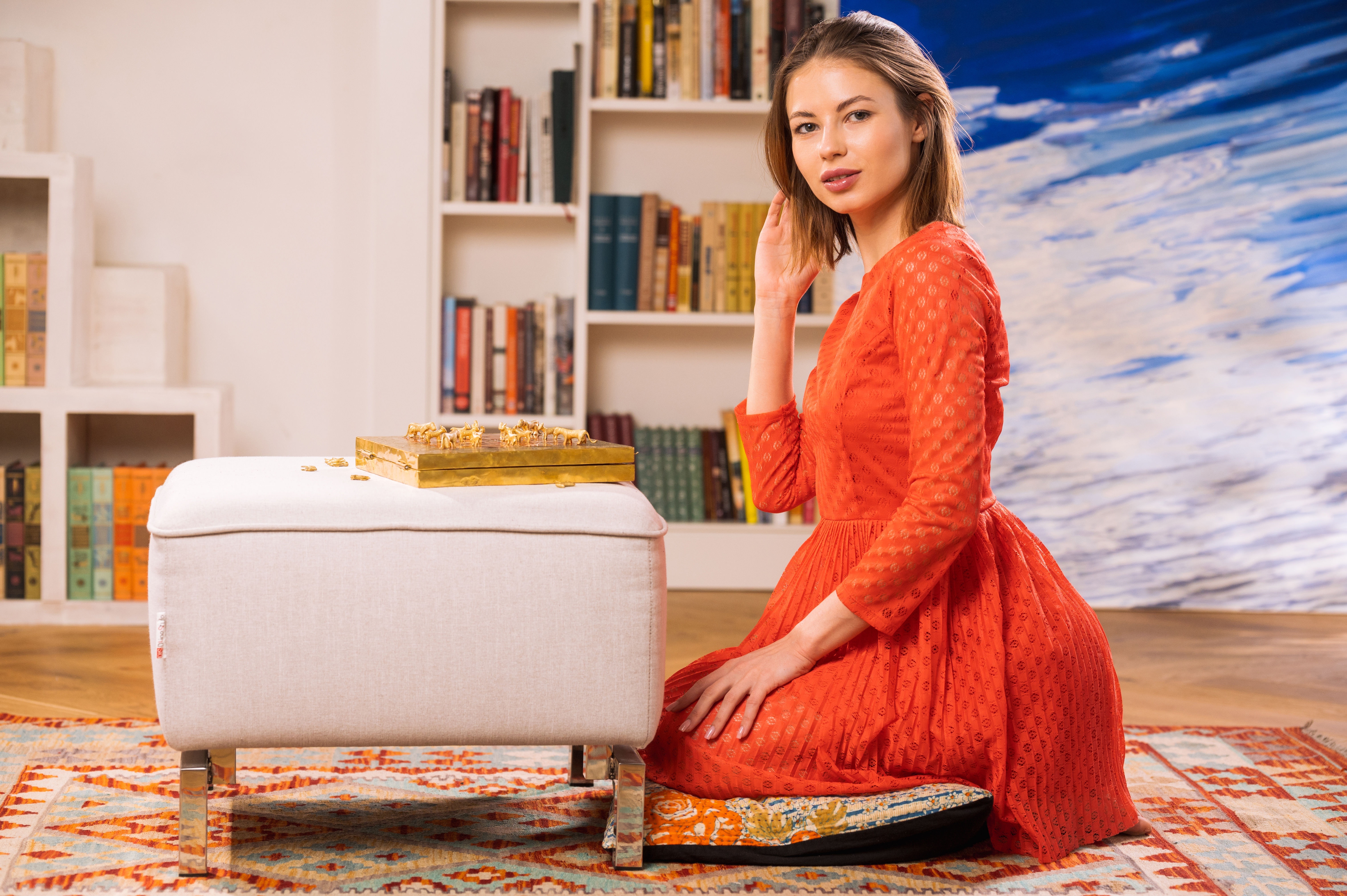 Woman in red dress with backgammon board HD Wallpaper