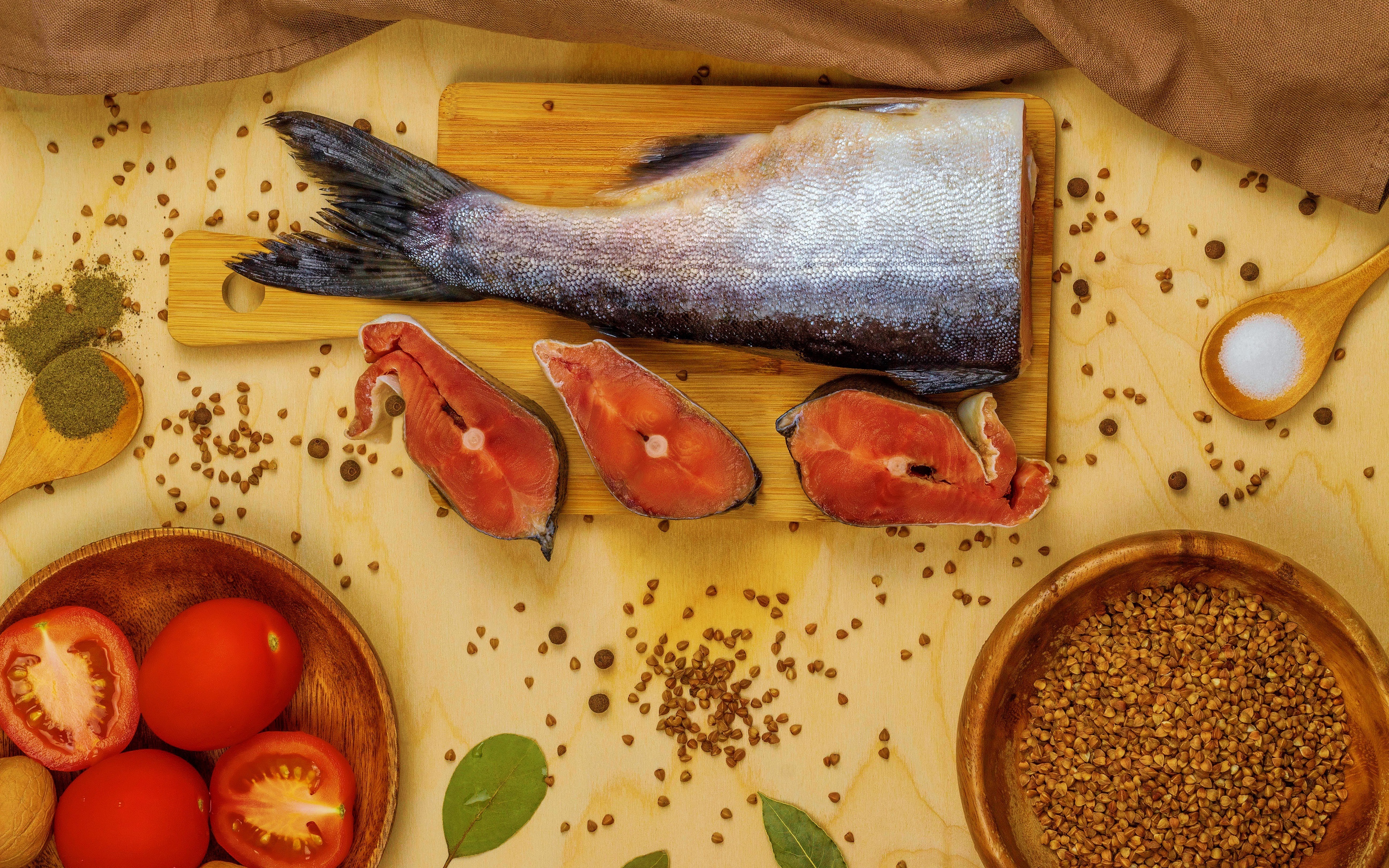 Still life with fish and ingredients HD Wallpaper