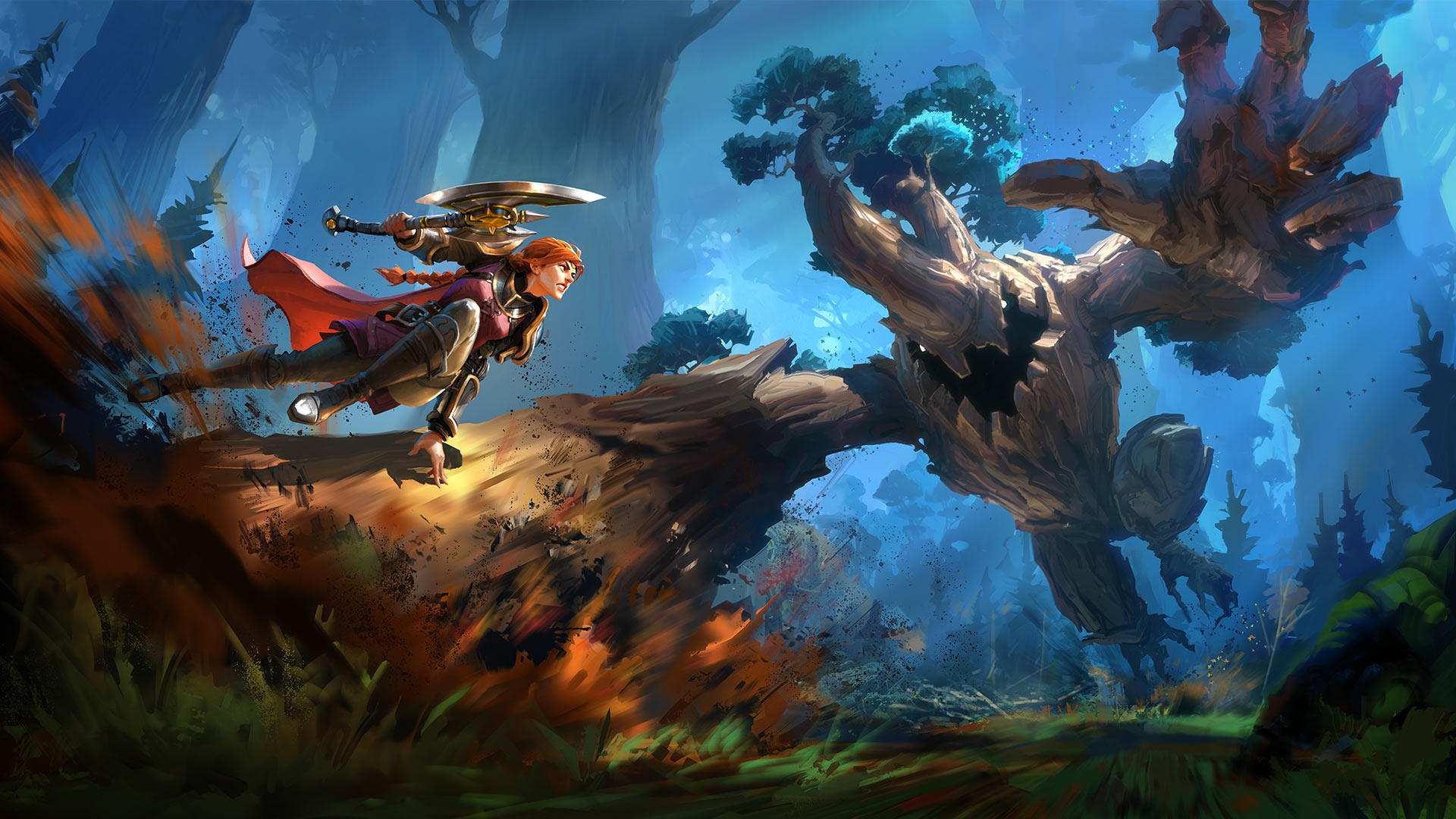Albion Online: Warrior fighting a treant in a forest HD Wallpaper