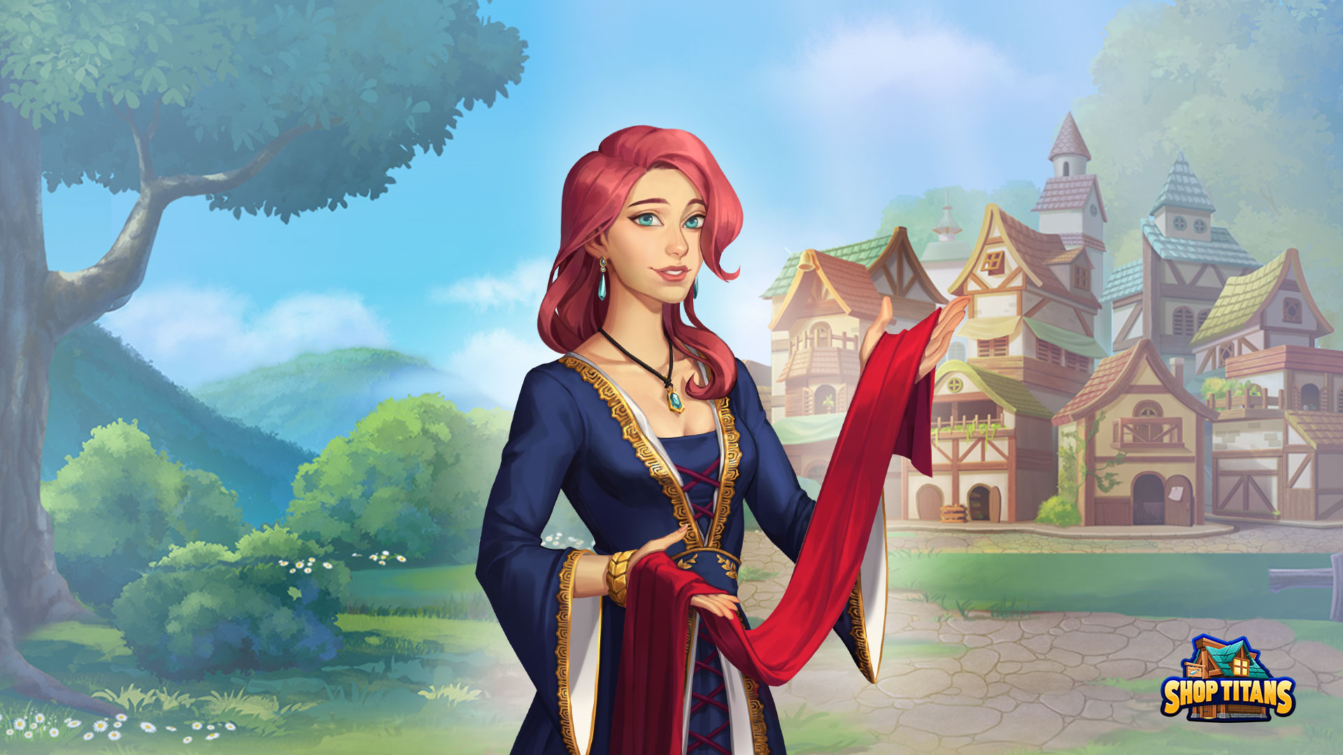 Woman in blue dress holding red fabric in Shop Titans HD Wallpaper
