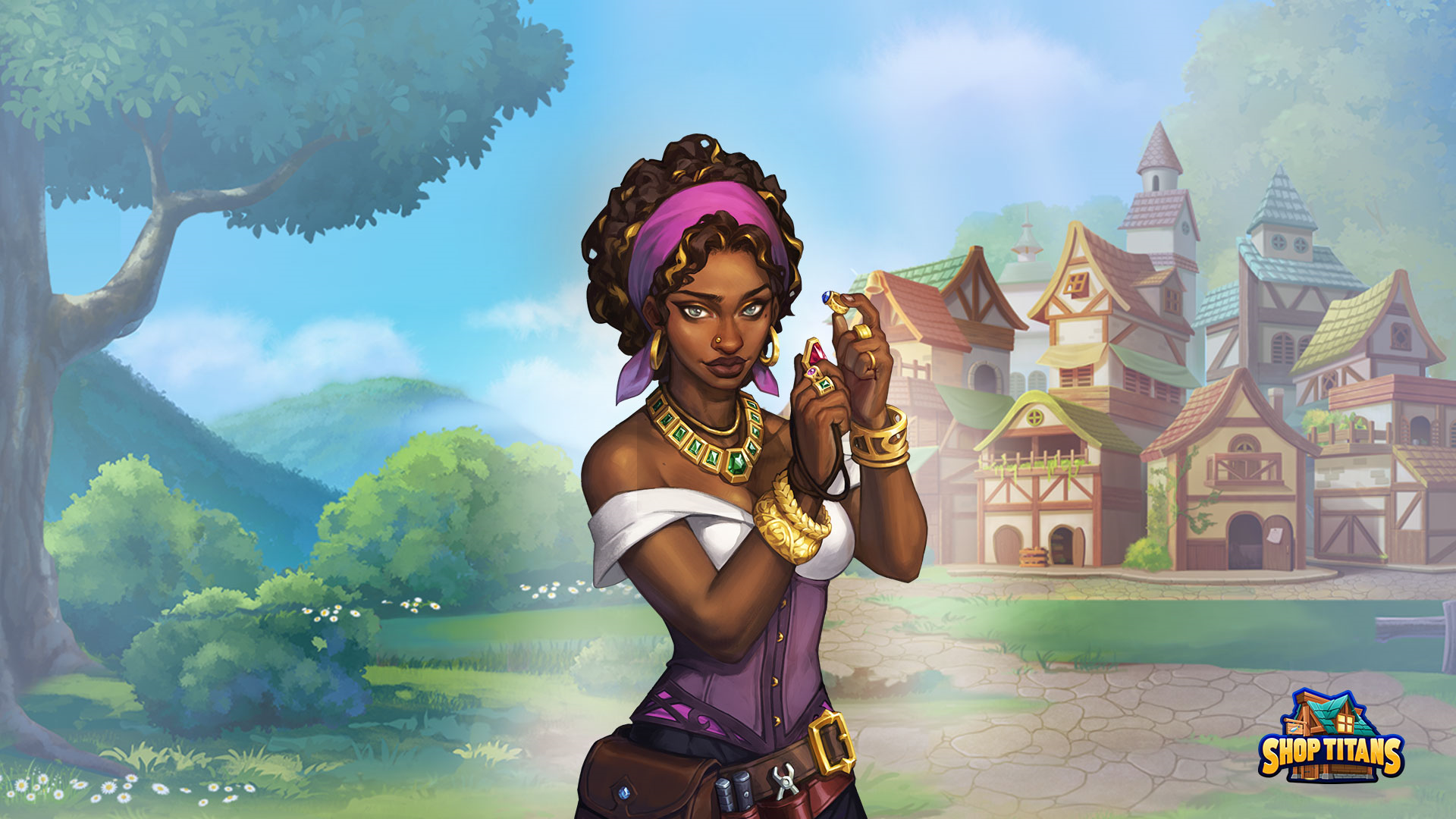 Woman with jewelry in Shop Titans HD Wallpaper