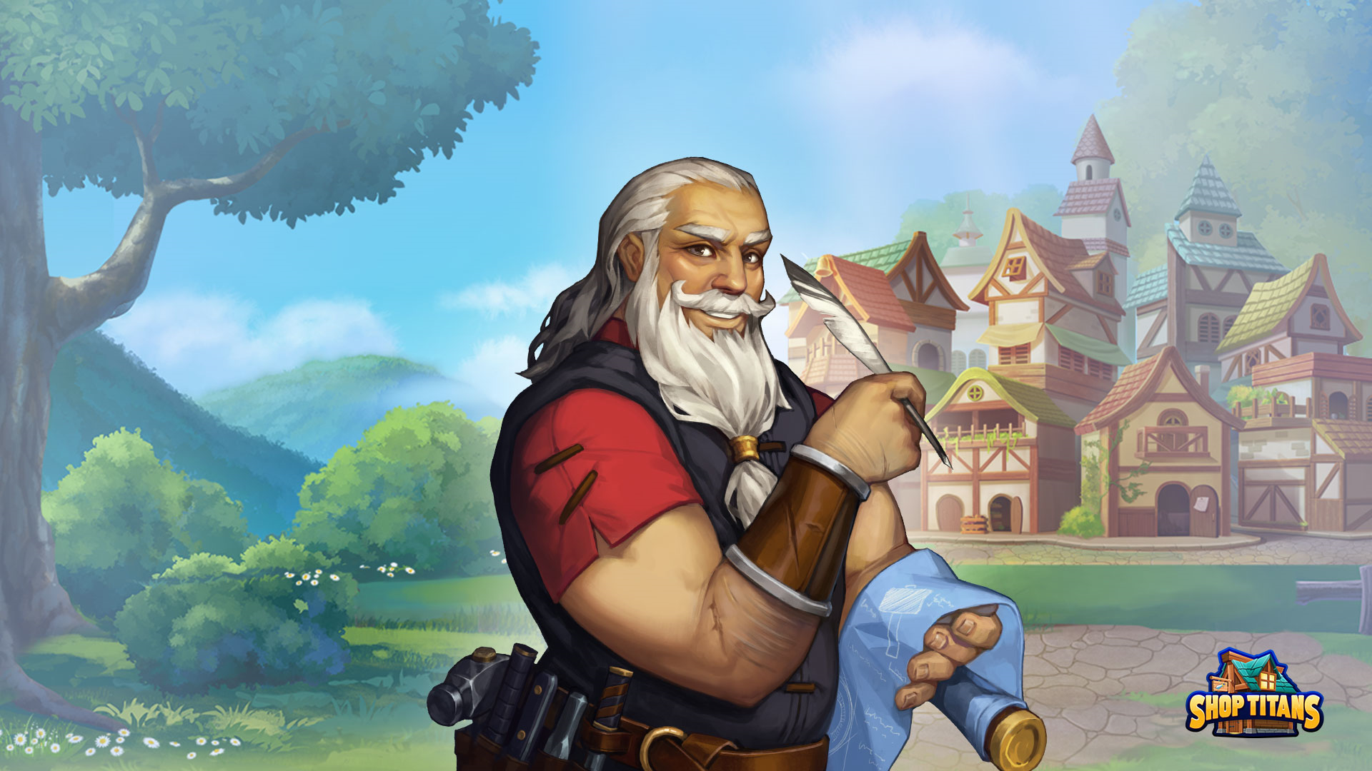 Old Man with Quill and Blueprint from Shop Titans HD Wallpaper