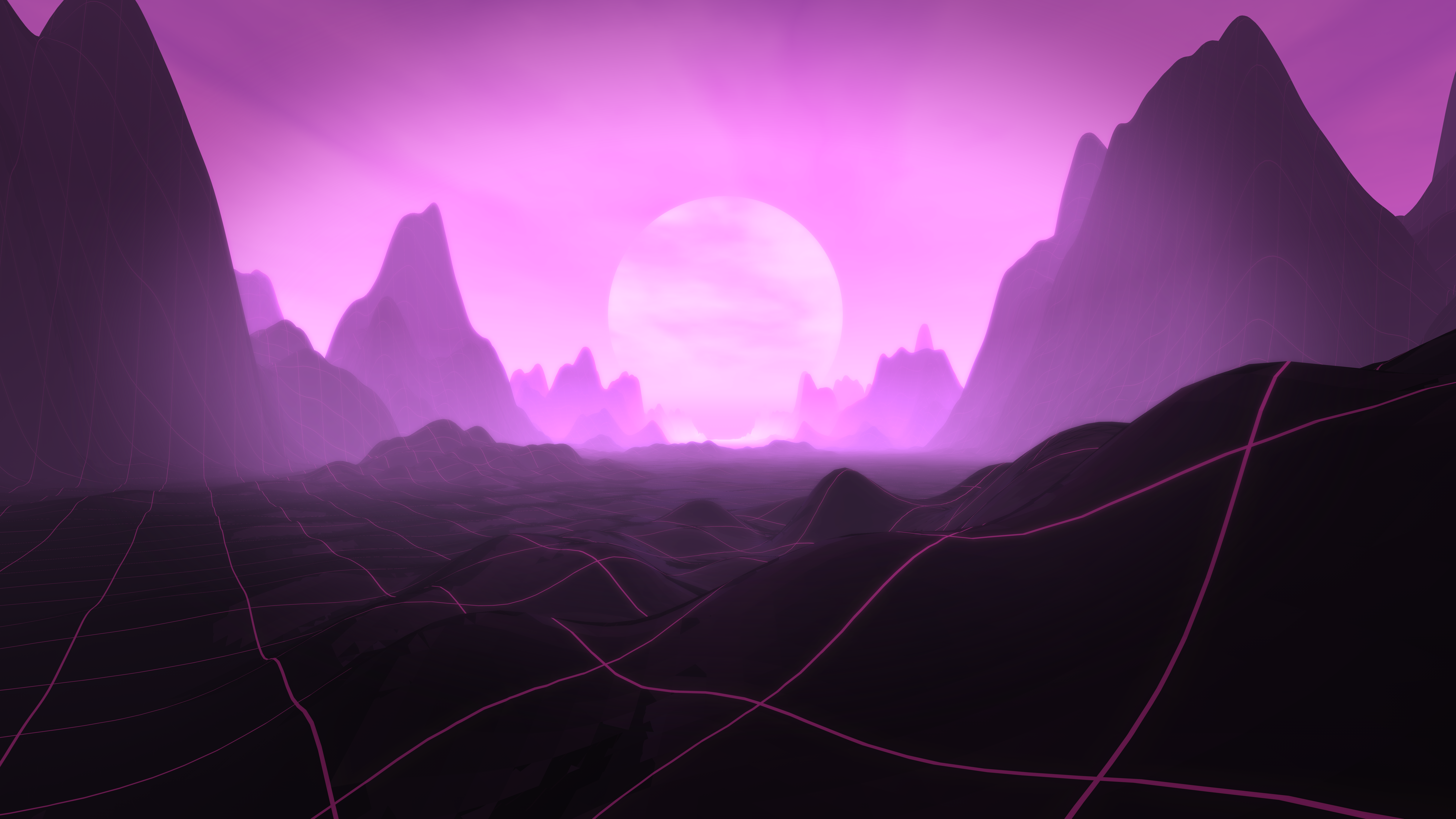 Purple vaporwave gridscape landscape with mountains and sun HD Wallpaper