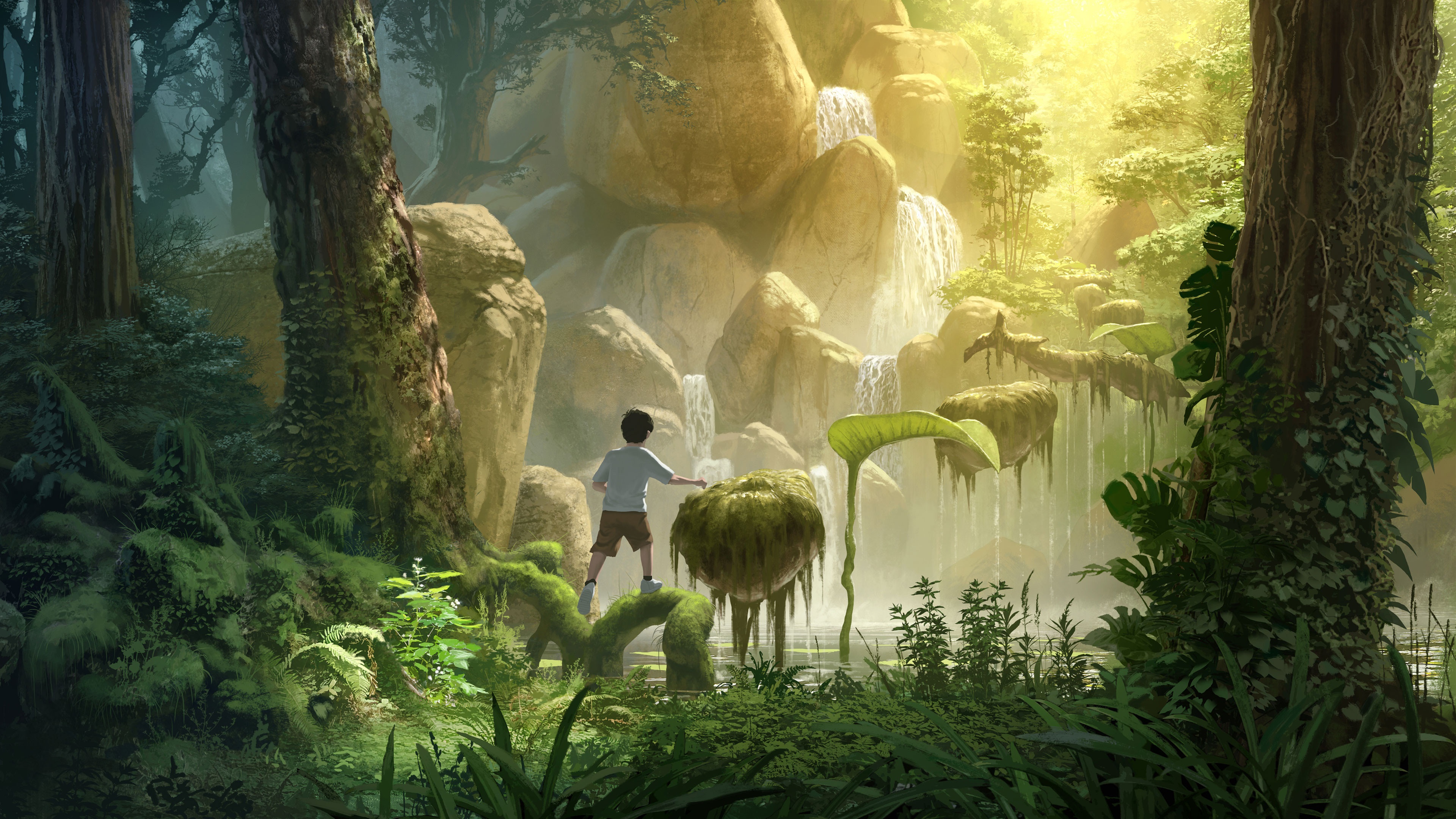 Fantasy Child in a Lush Forest with Waterfalls 4K HD Wallpaper