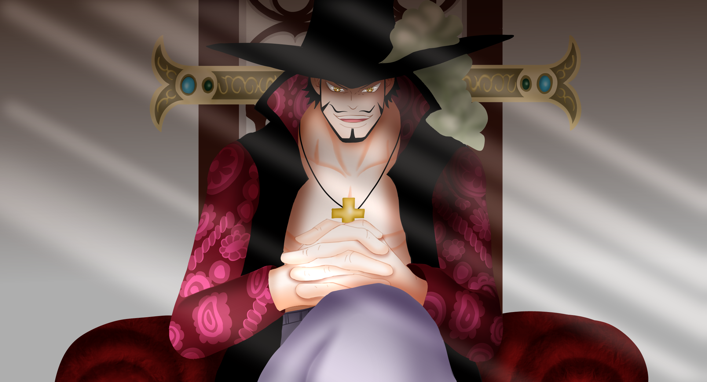 Dracule Mihawk from One Piece sitting on a throne HD Wallpaper
