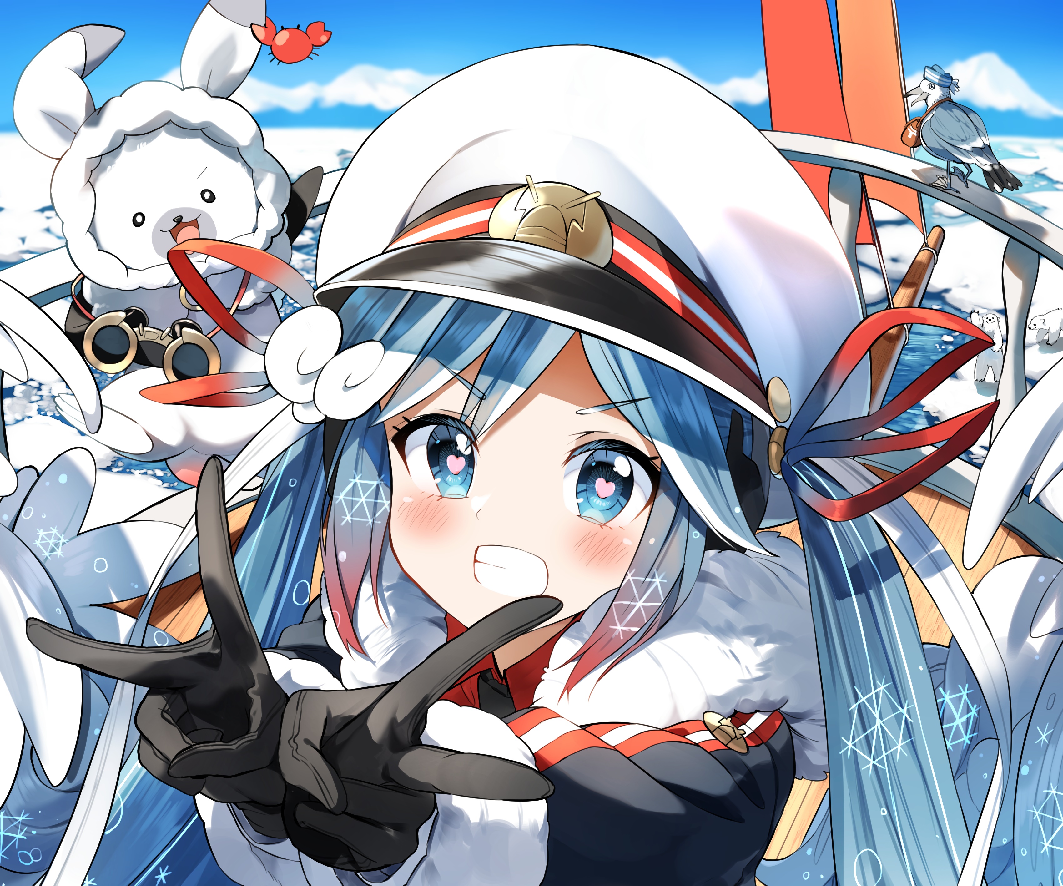 Hatsune Miku in winter attire with animal companions HD Wallpaper