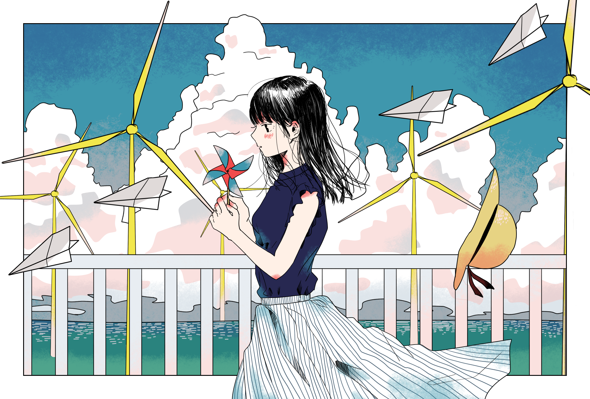 Girl with pinwheel and paper airplanes HD Wallpaper