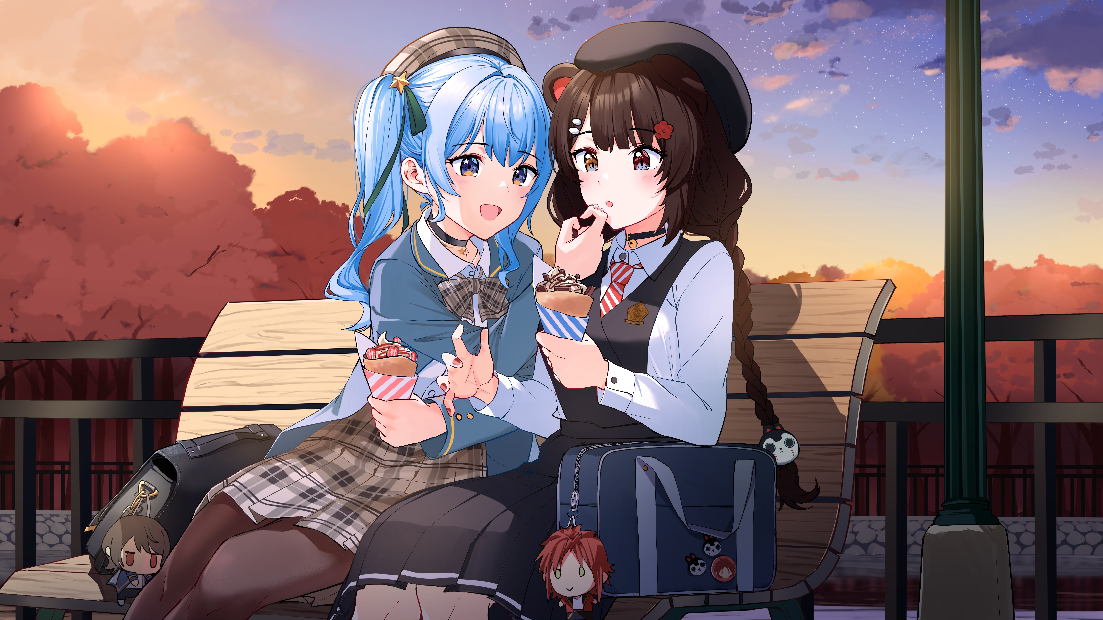 Hoshimachi Suisei and Inui Toko eating crepes HD Wallpaper