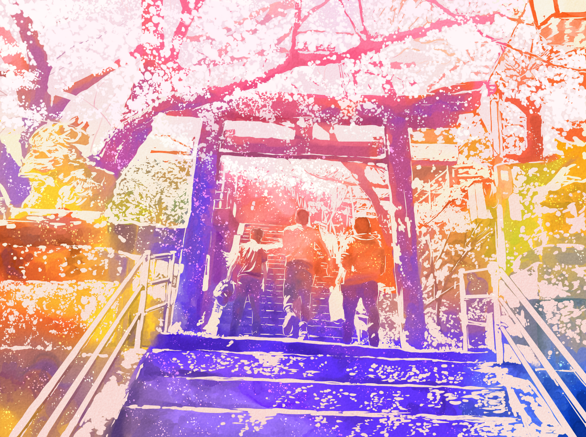 Three people walking up stairs under a Torii gate HD Wallpaper