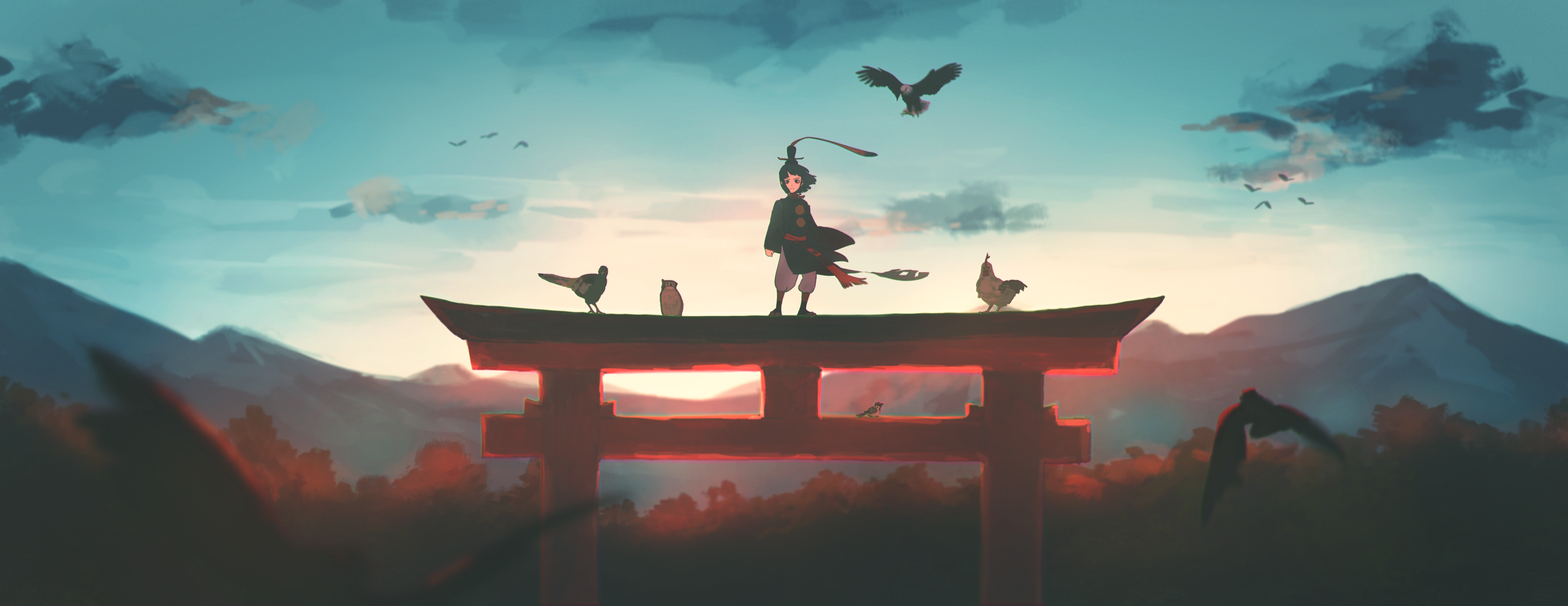 Boy standing on Torii gate with birds HD Wallpaper
