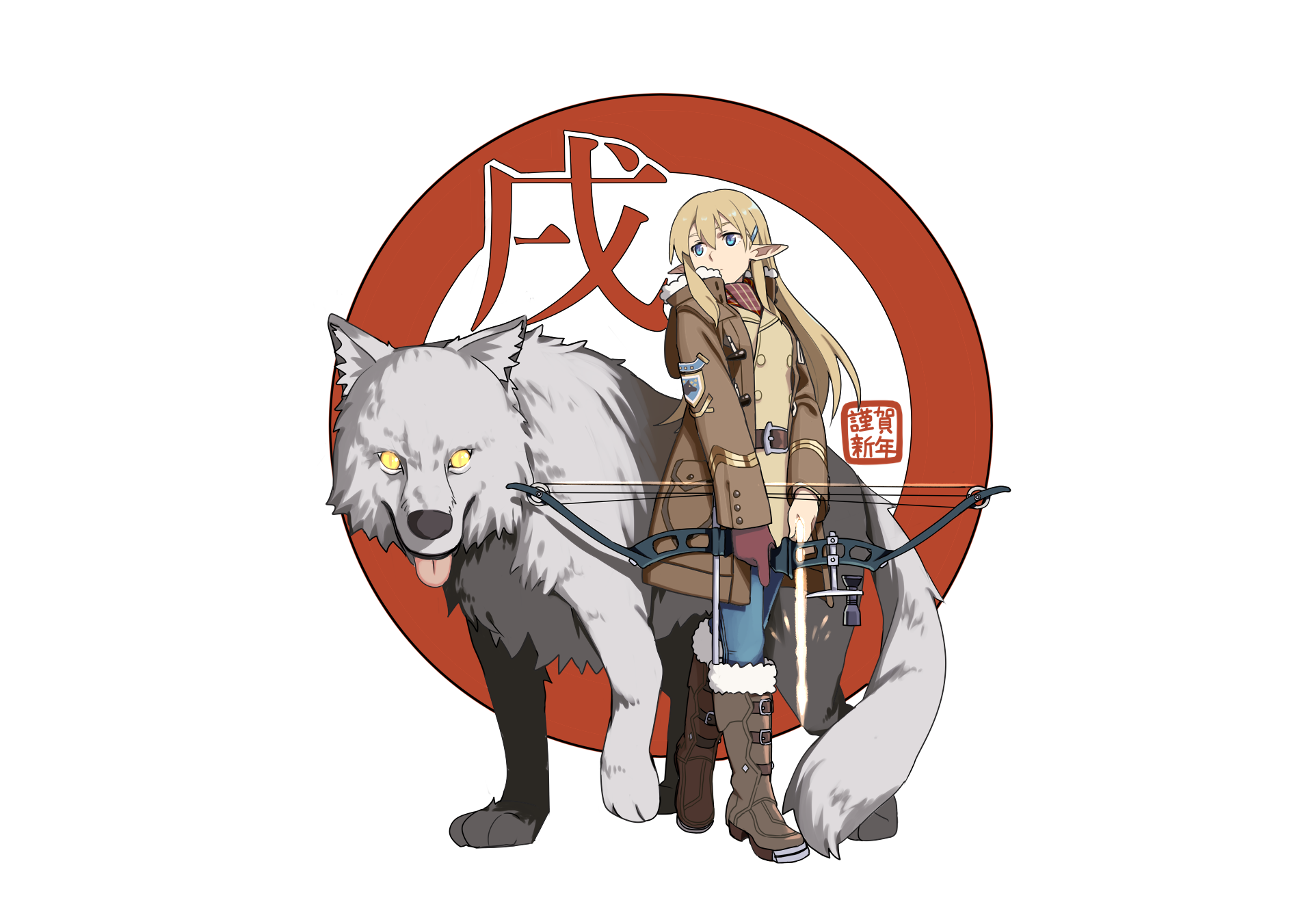 Elf girl with wolf and crossbow HD Wallpaper