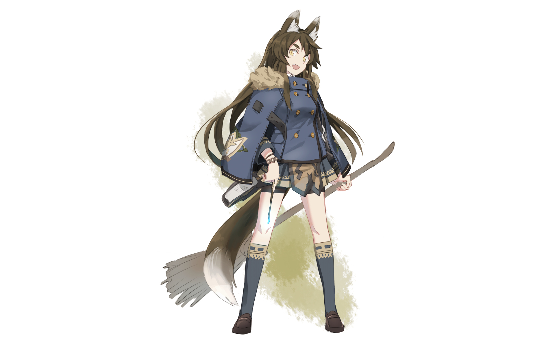 Anime girl with wolf ears and tail holding a broom HD Wallpaper