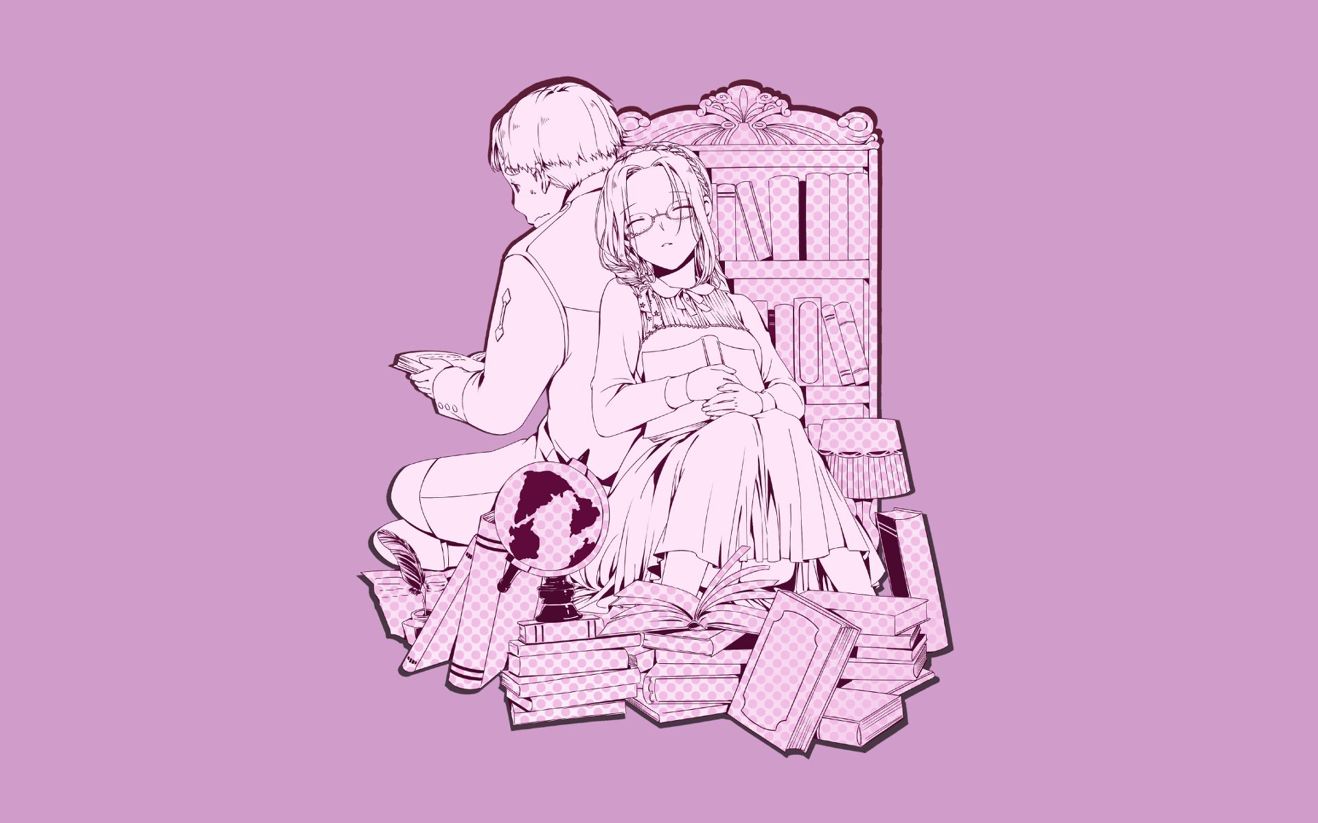 Couple reading books in a library HD Wallpaper